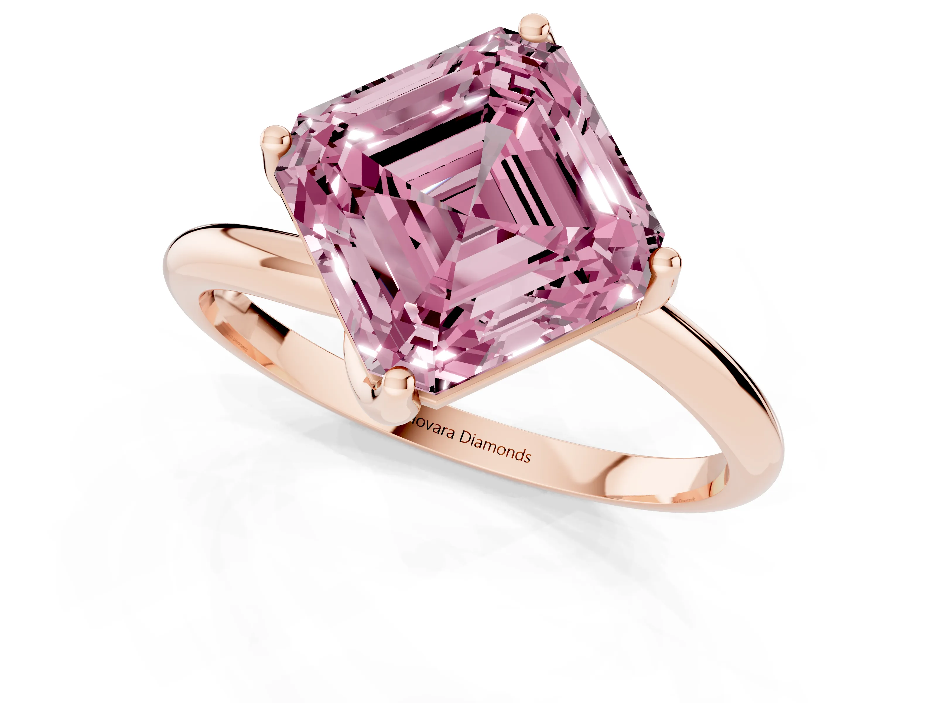 Fancy Pink Asscher Cut Diamond Solitaire Engagement Ring Set in Rose gold with Classic Plain Band