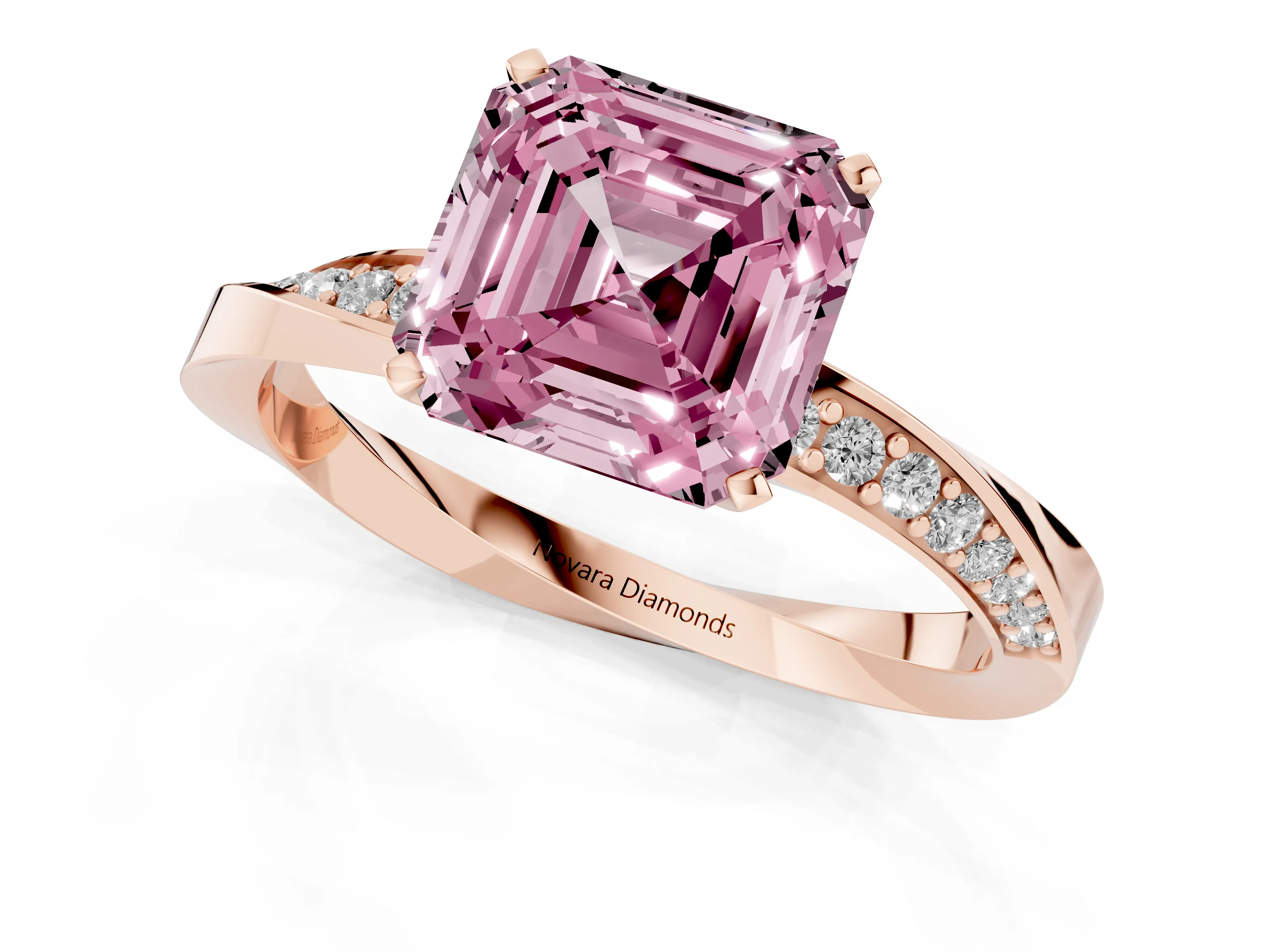 Fancy Pink Asscher Cut Diamond Engagement Ring Set in Rose gold with Side Stone Accents and Prong Setting