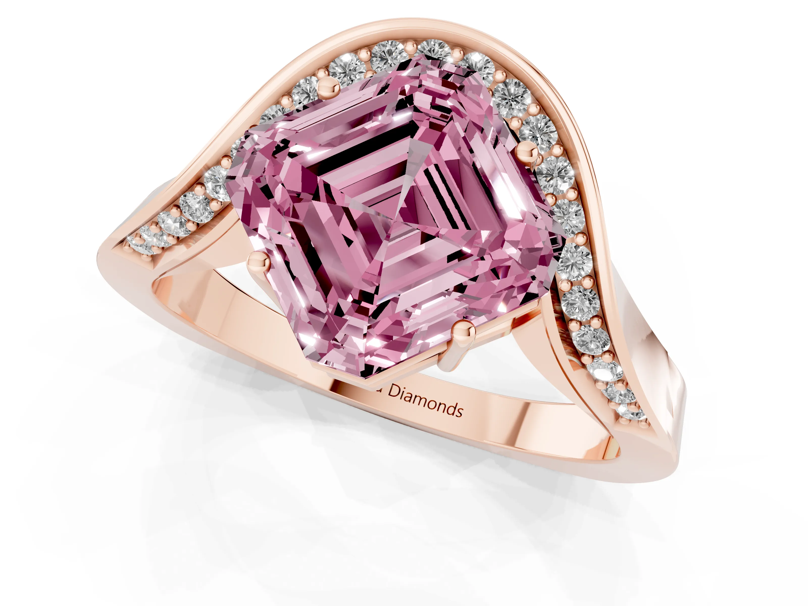 Fancy Pink Asscher Cut Diamond Solitaire Engagement Ring Set in Rose gold with Pavé Shoulders