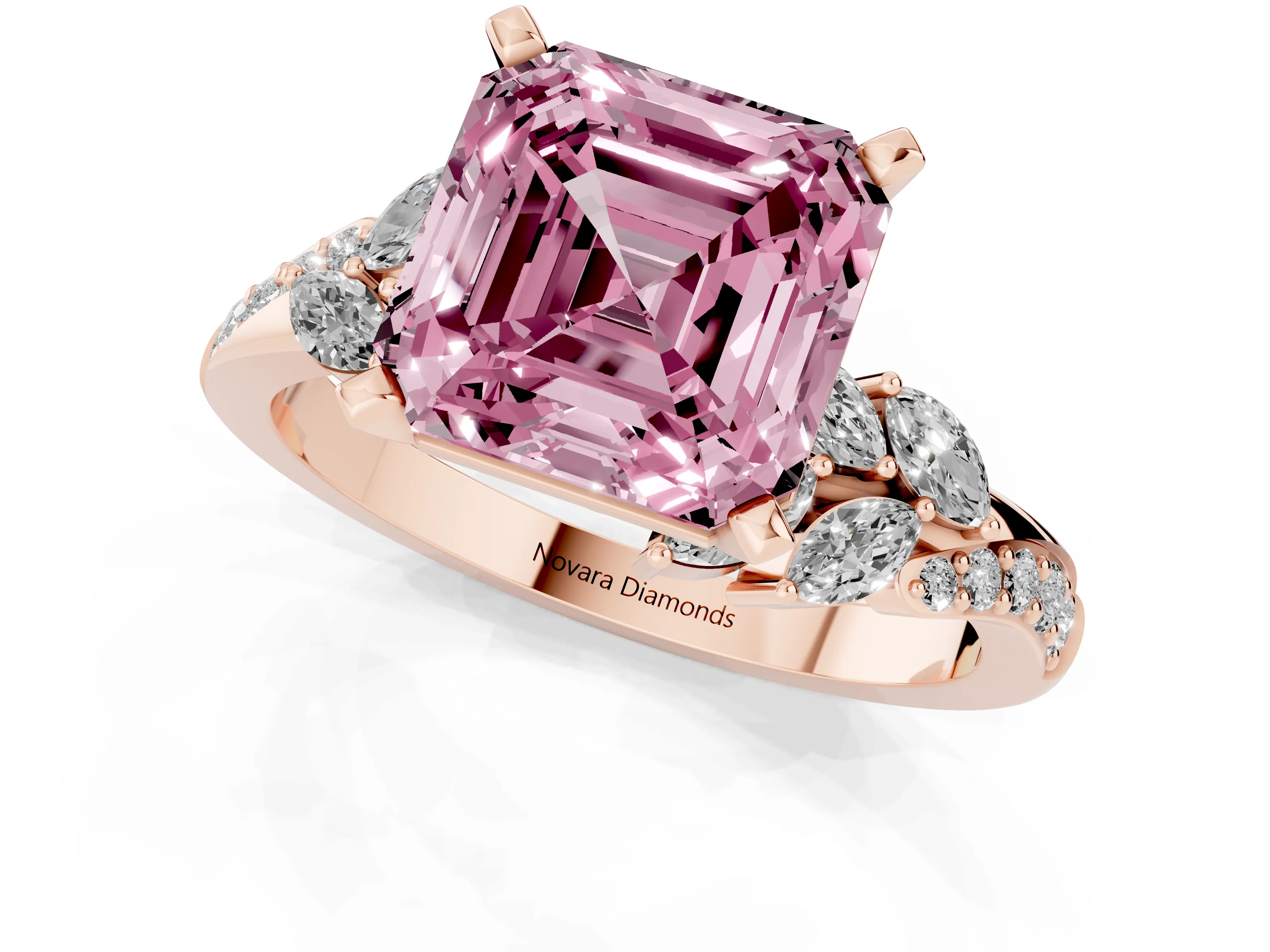Fancy Pink Asscher Cut Diamond Solitaire Ring Set in Rose gold with Marquise Twist Band and Prong Setting