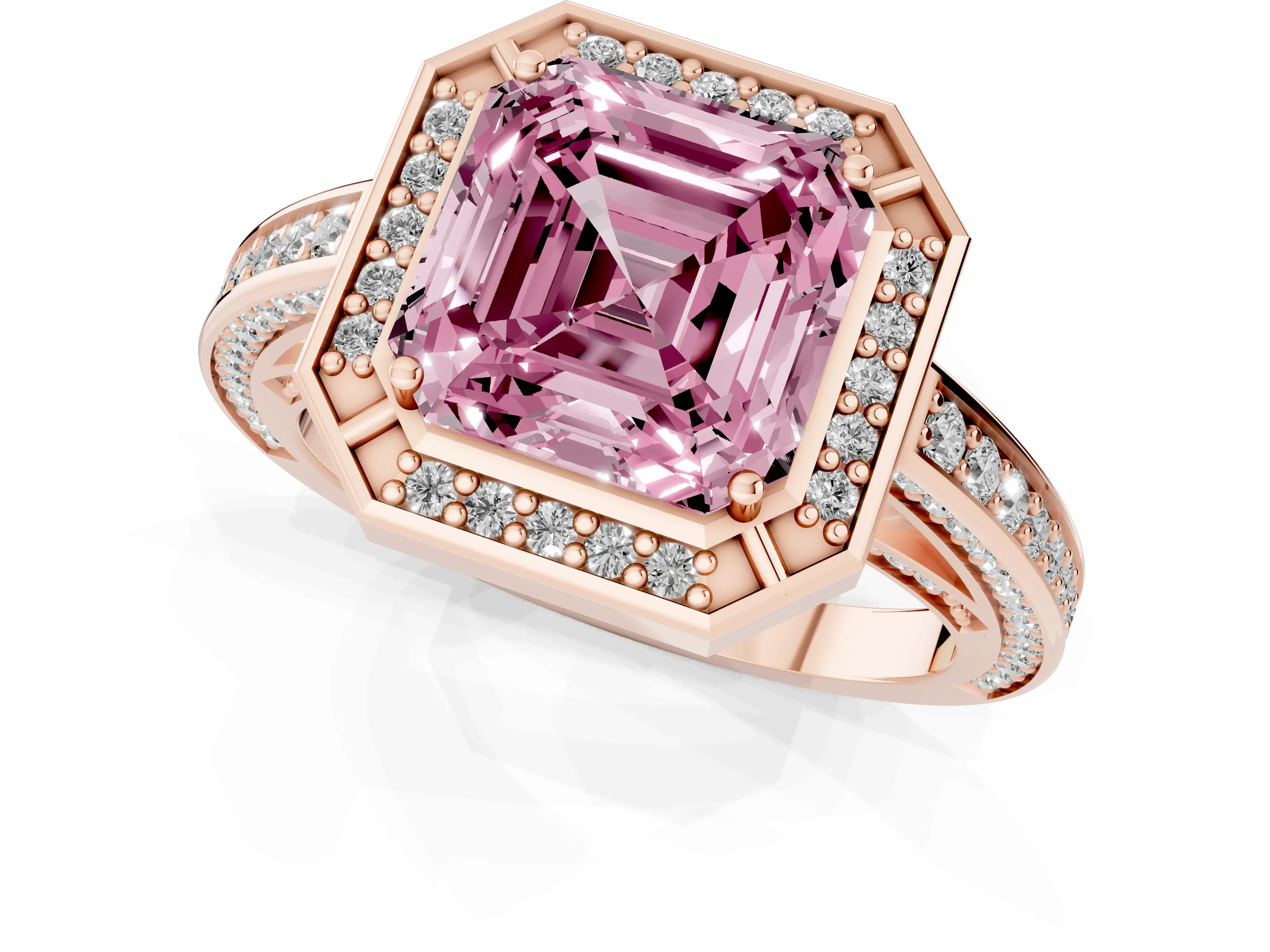 Fancy Pink Asscher Cut Diamond Halo Pavé Split Shank Ring Set in Rose gold with Prong Setting