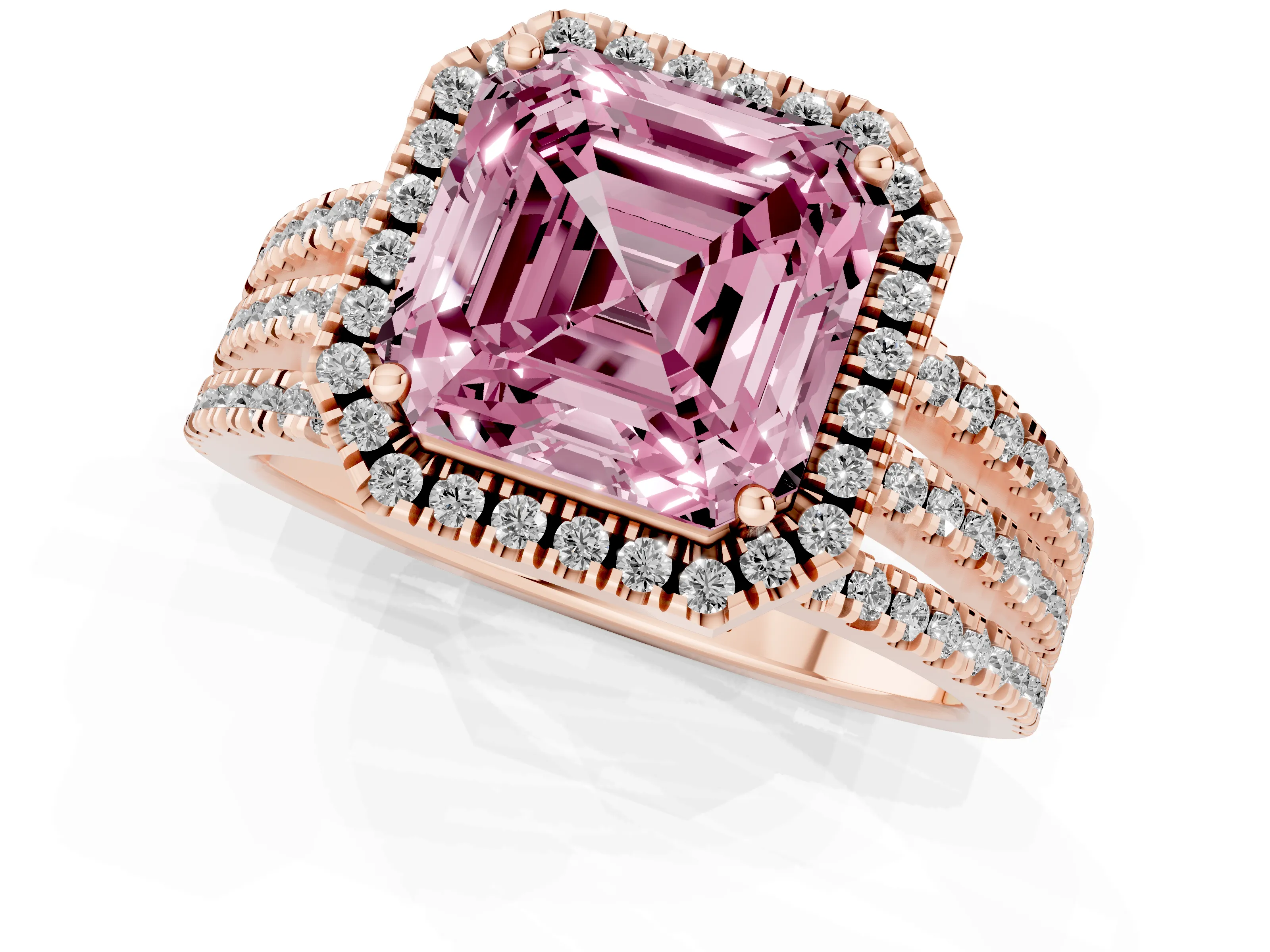 Fancy Pink Asscher Cut Diamond Halo Split Shank Engagement Ring Set in Rose gold with Prong Setting
