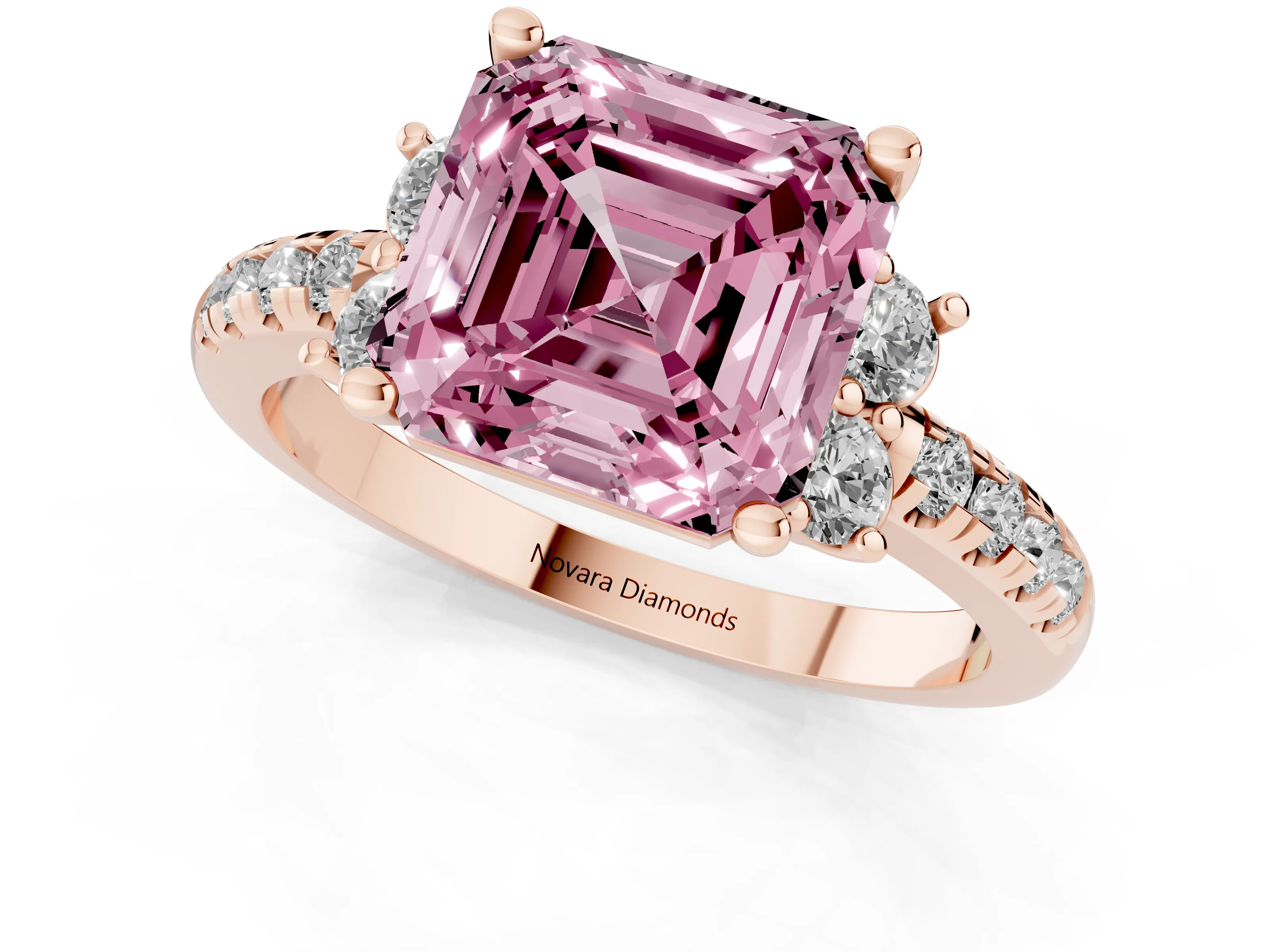 Fancy Pink Asscher Cut Diamond Three-Stone Pavé Ring Set in Rose gold with Prong Setting