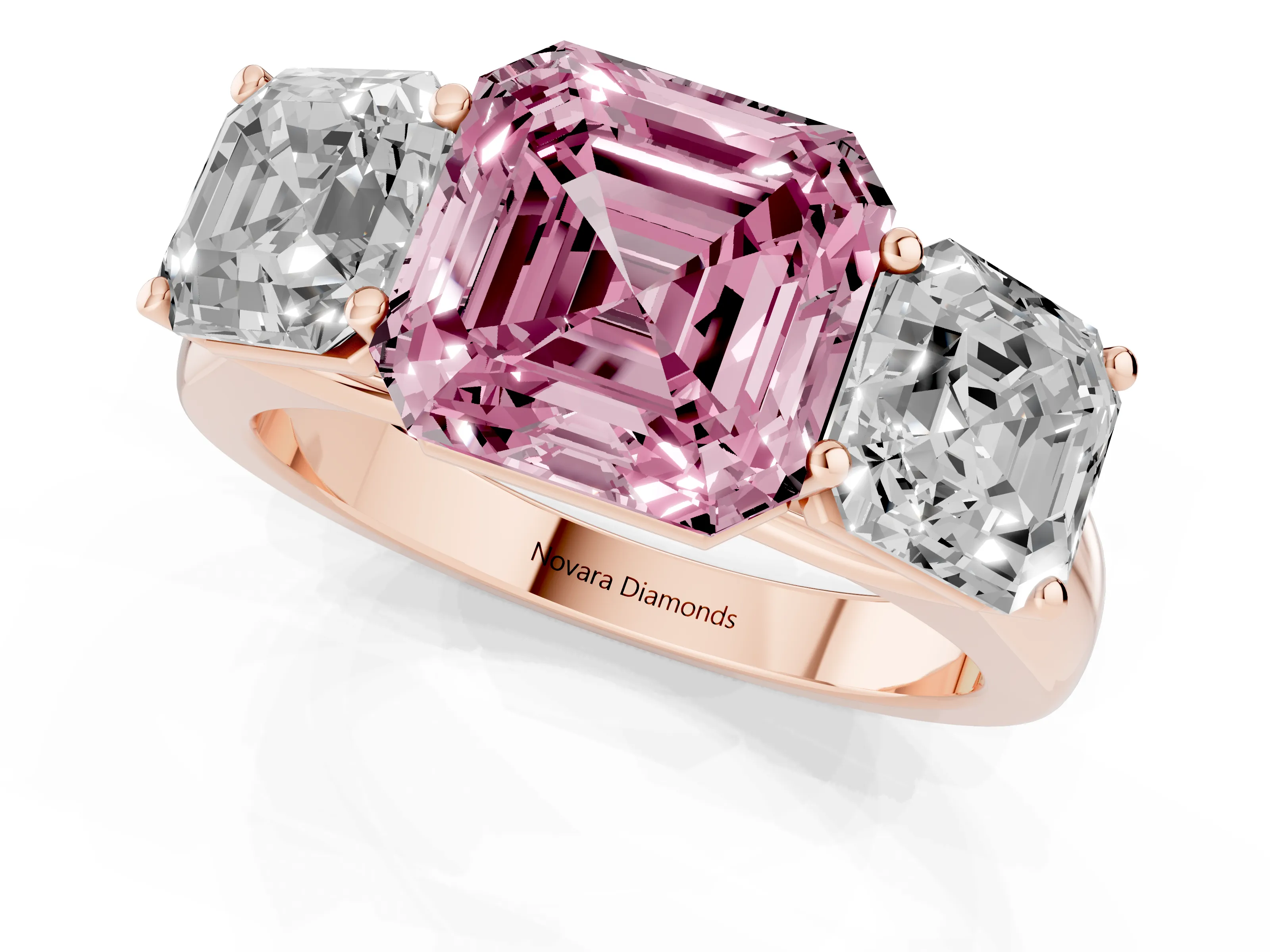 Fancy Pink Asscher Cut Diamond Three-Stone Ring Set in Rose gold with Plain Polished Band