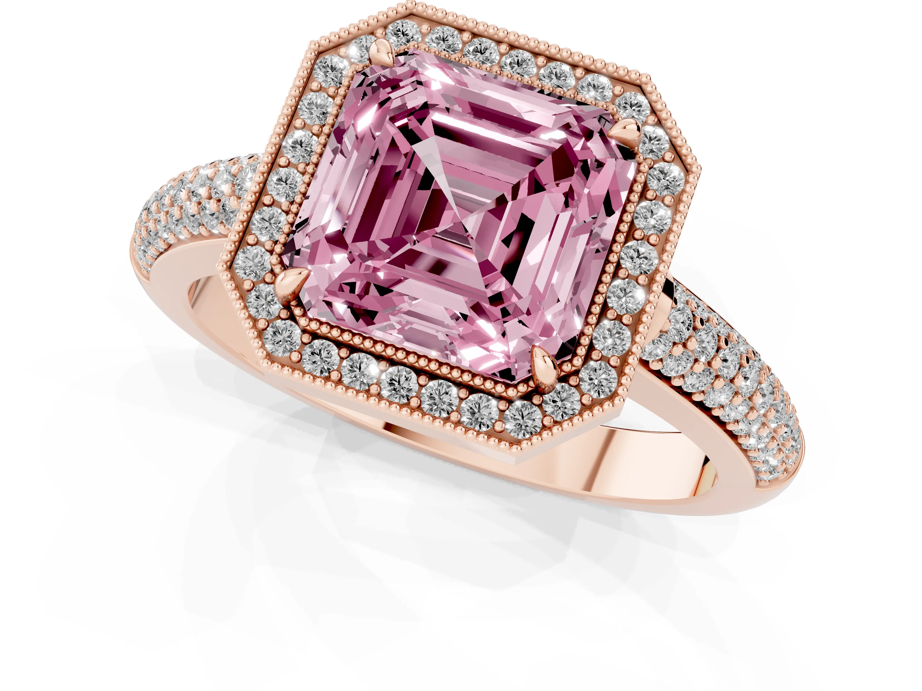 Fancy Pink Asscher Cut Diamond Halo Pavé Band Set in Rose gold with Prong Setting