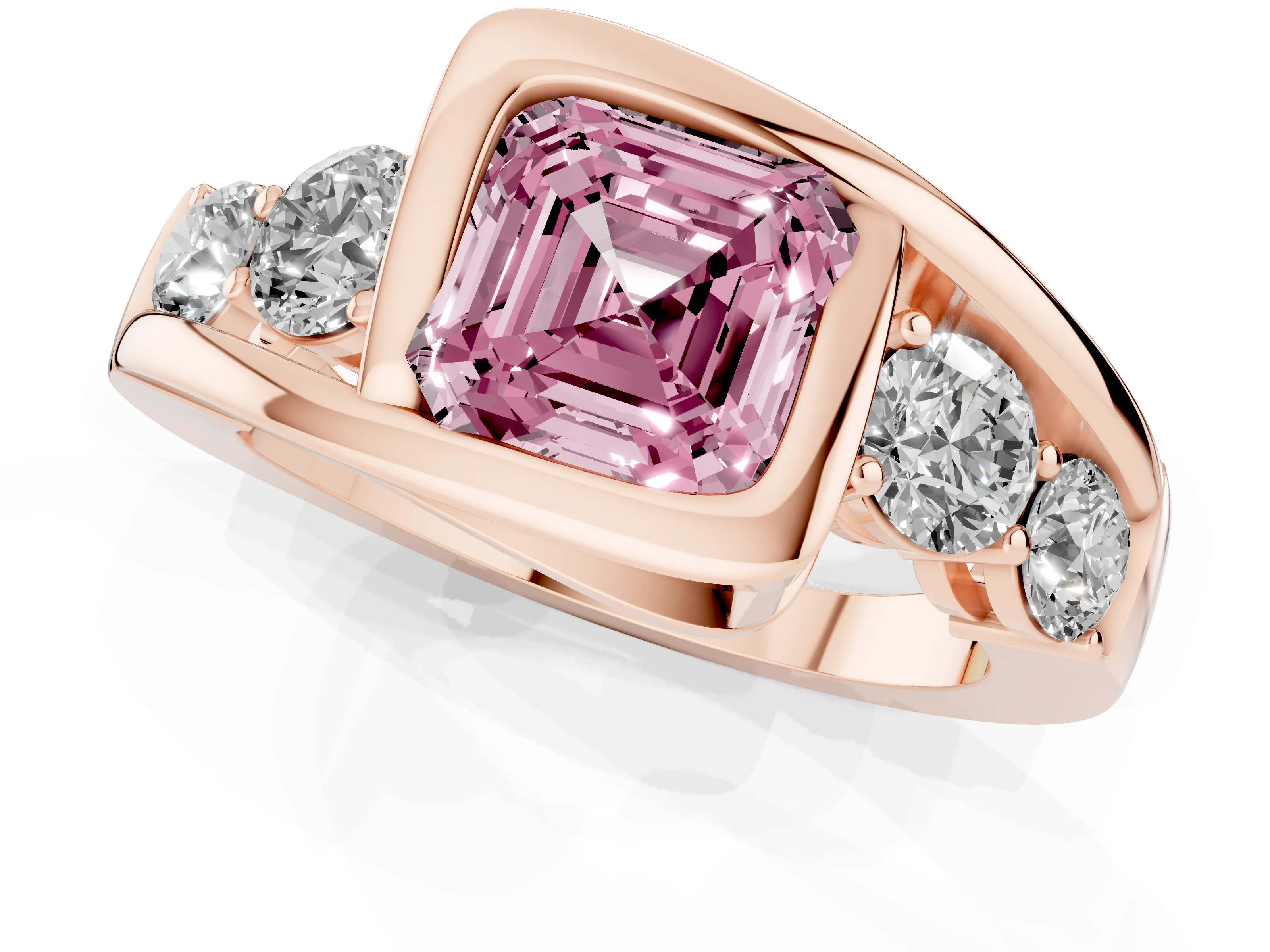 Fancy Pink Asscher Cut Diamond Bezel Bypass Ring Set in Rose gold with Round Accents