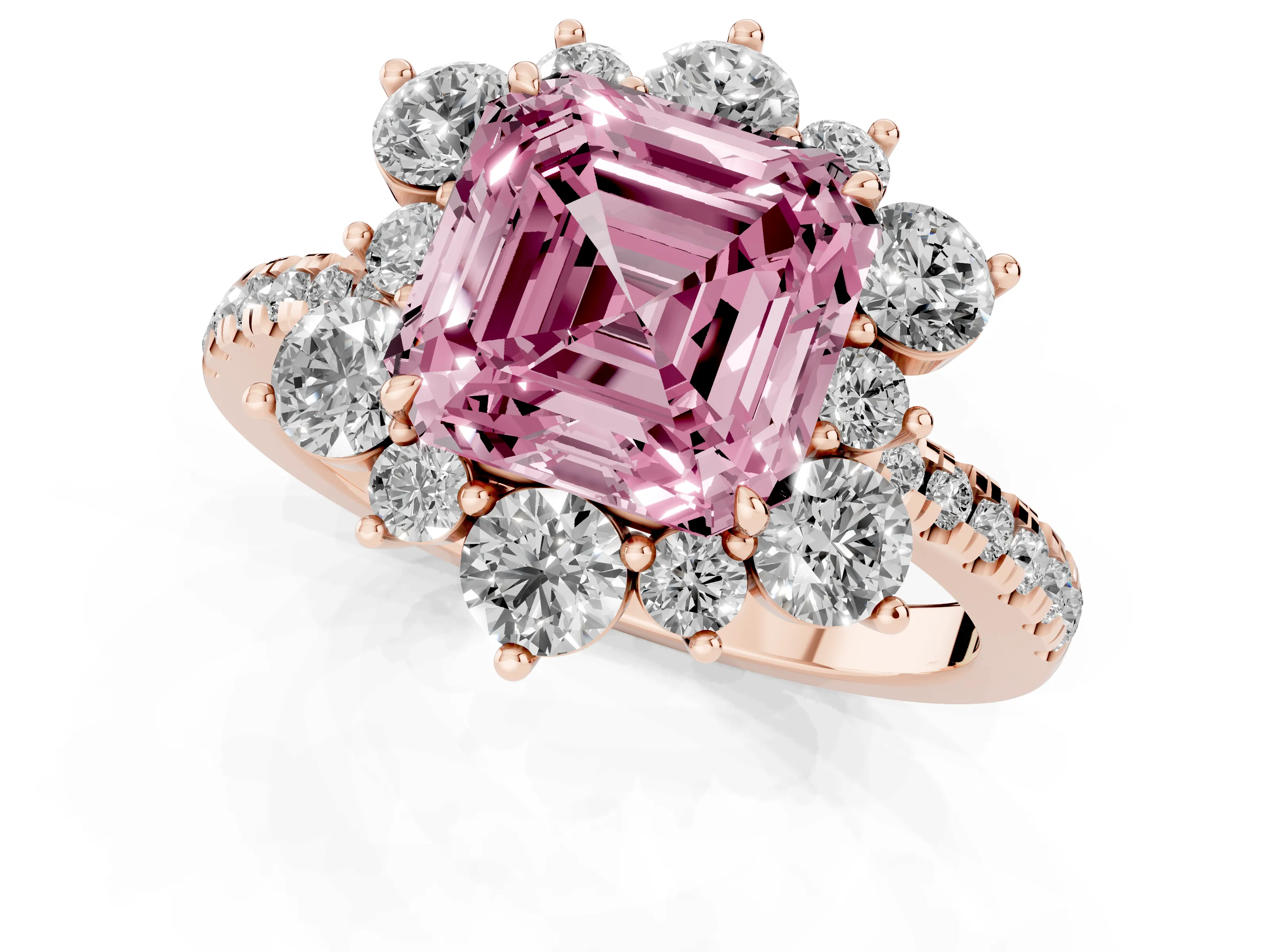Fancy Pink Asscher Cut Diamond Floral Halo Ring Set in Rose gold with Round Pavé Band and Prong Setting