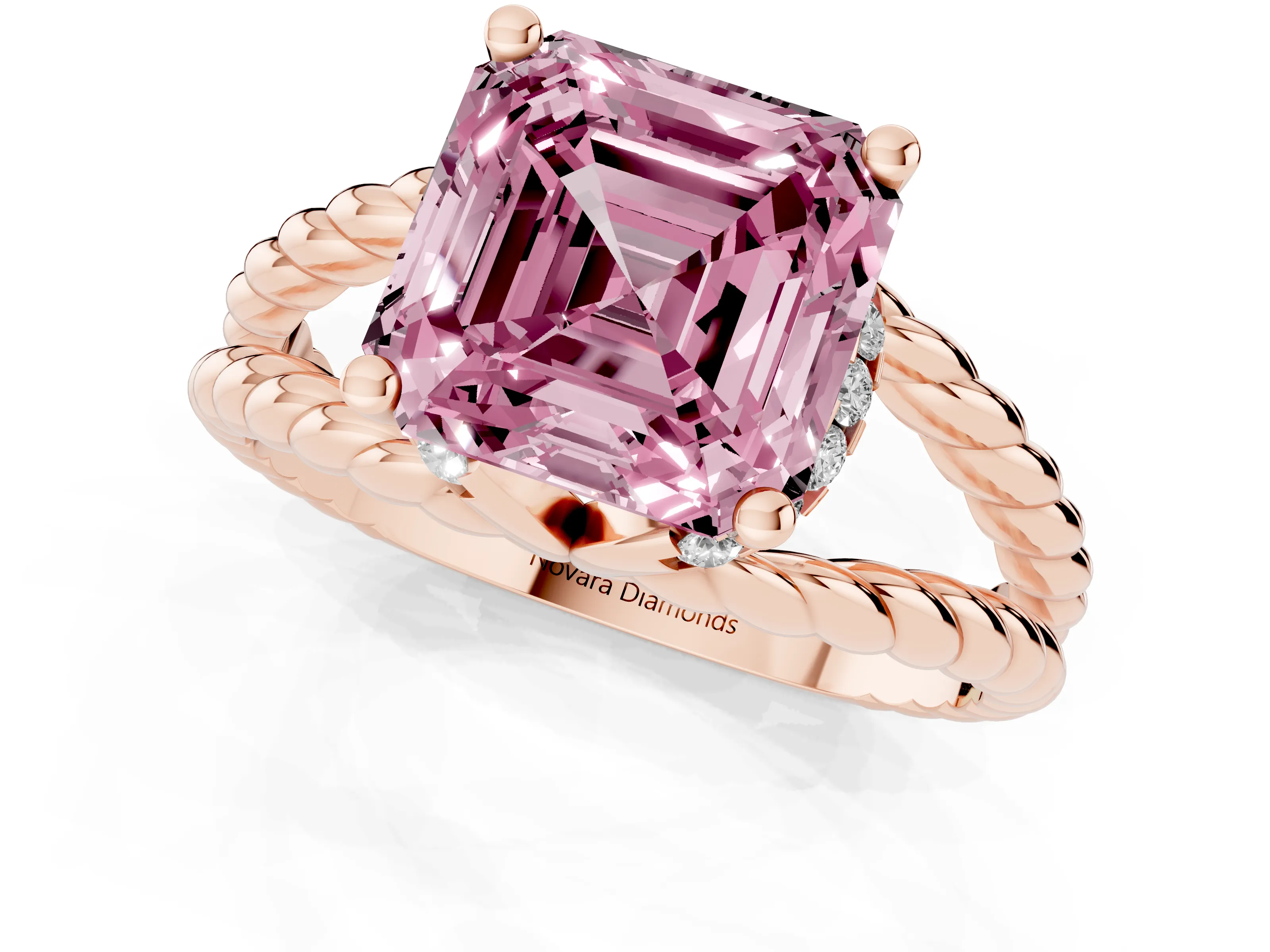Fancy Pink Asscher Cut Diamond Halo Ring Set in Rose gold with Twisted Band and Prong Setting
