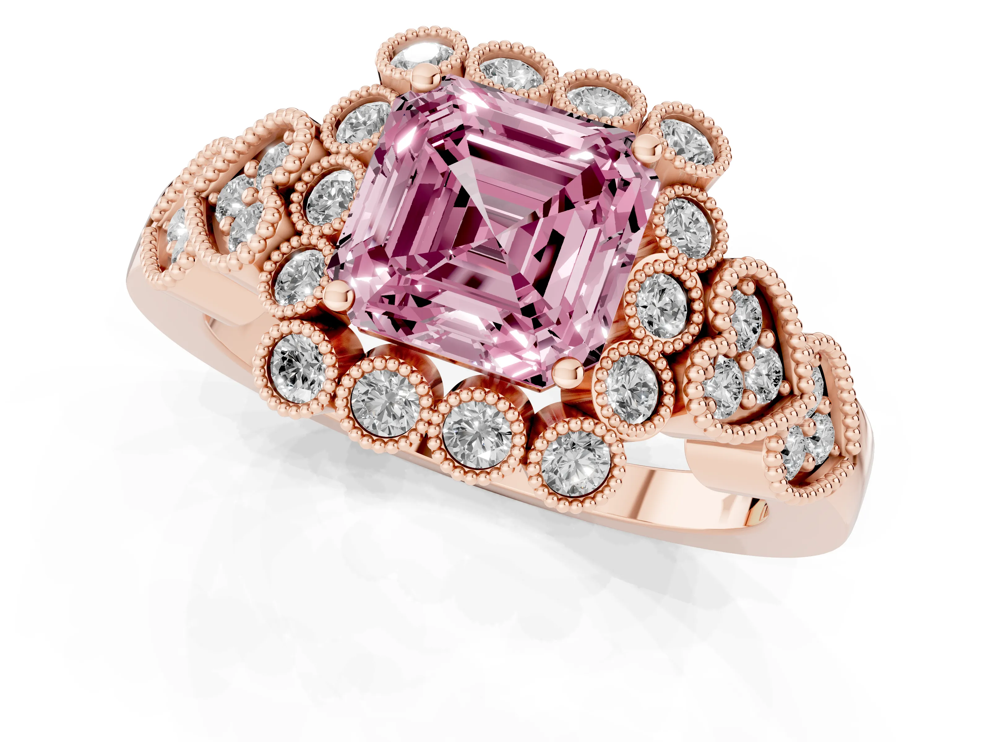 Fancy Pink Asscher Cut Diamond Solitaire Ring Set in Rose gold with Milgrain Pavé Heart Band