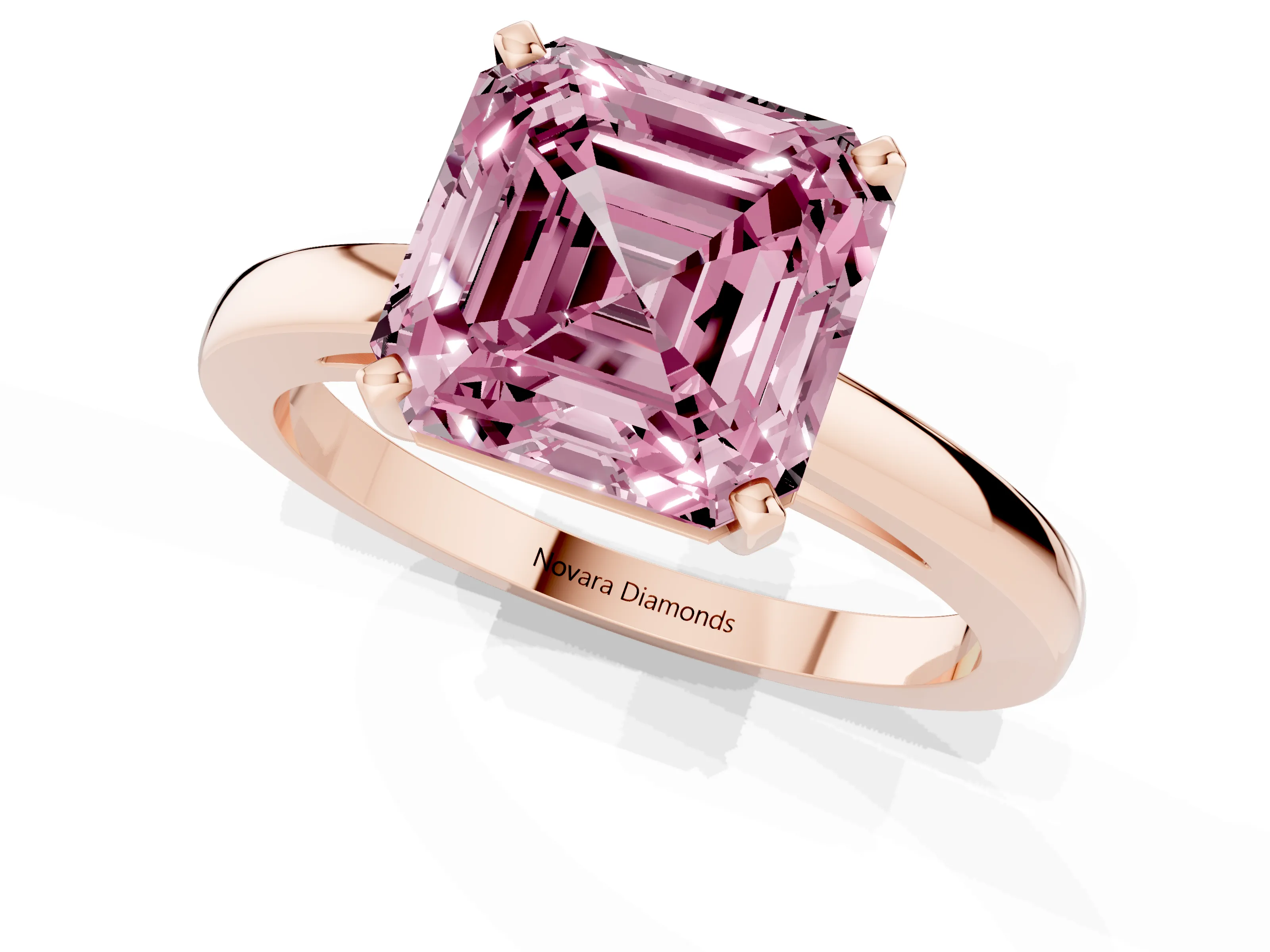 Fancy Pink Asscher Cut Diamond Solitaire Engagement Ring Set in Rose gold with Prong Setting on a Classic Band