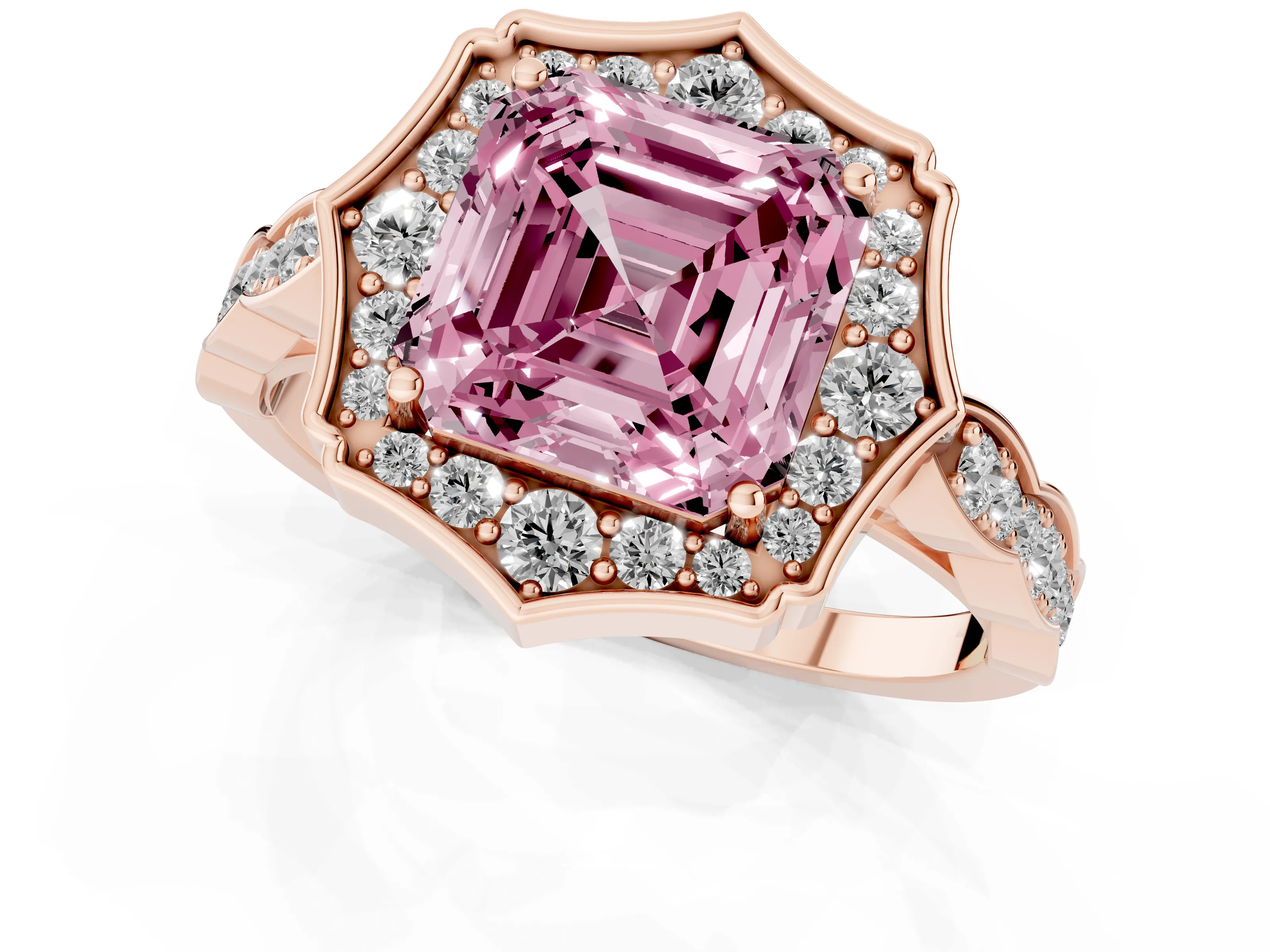 Fancy Pink Asscher Cut Diamond Halo Engagement Ring Set in Rose gold with Milgrain Band and Prong Setting