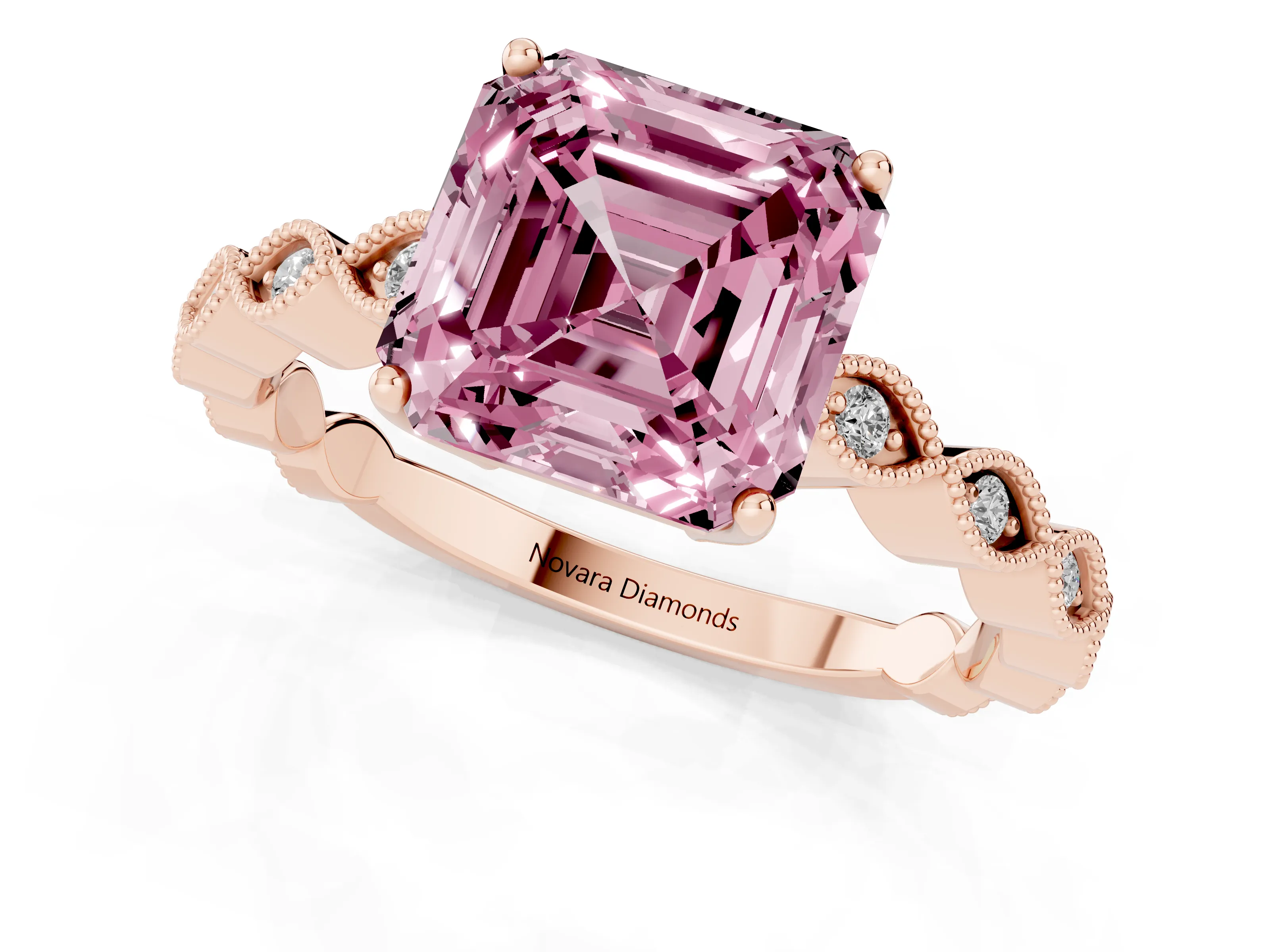 Fancy Pink Asscher Cut Diamond Solitaire Ring Set in Rose gold with Infinity Twist Pavé Band