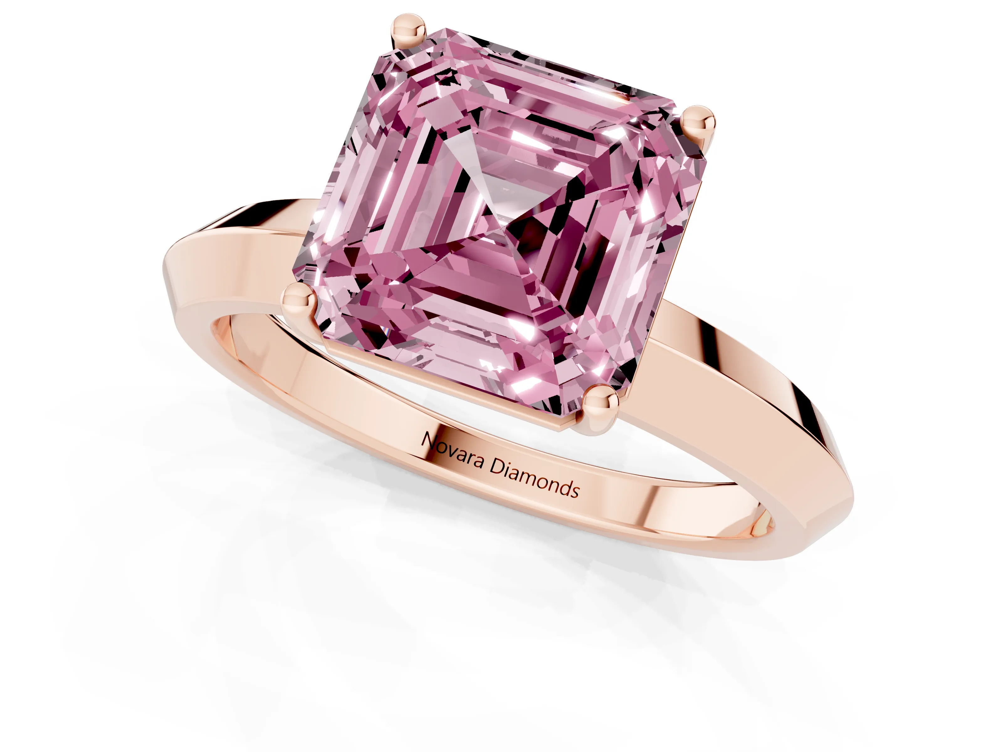 Fancy Pink Asscher Cut Diamond Solitaire Engagement Ring Set in Rose gold with Flat Band and Prong Setting