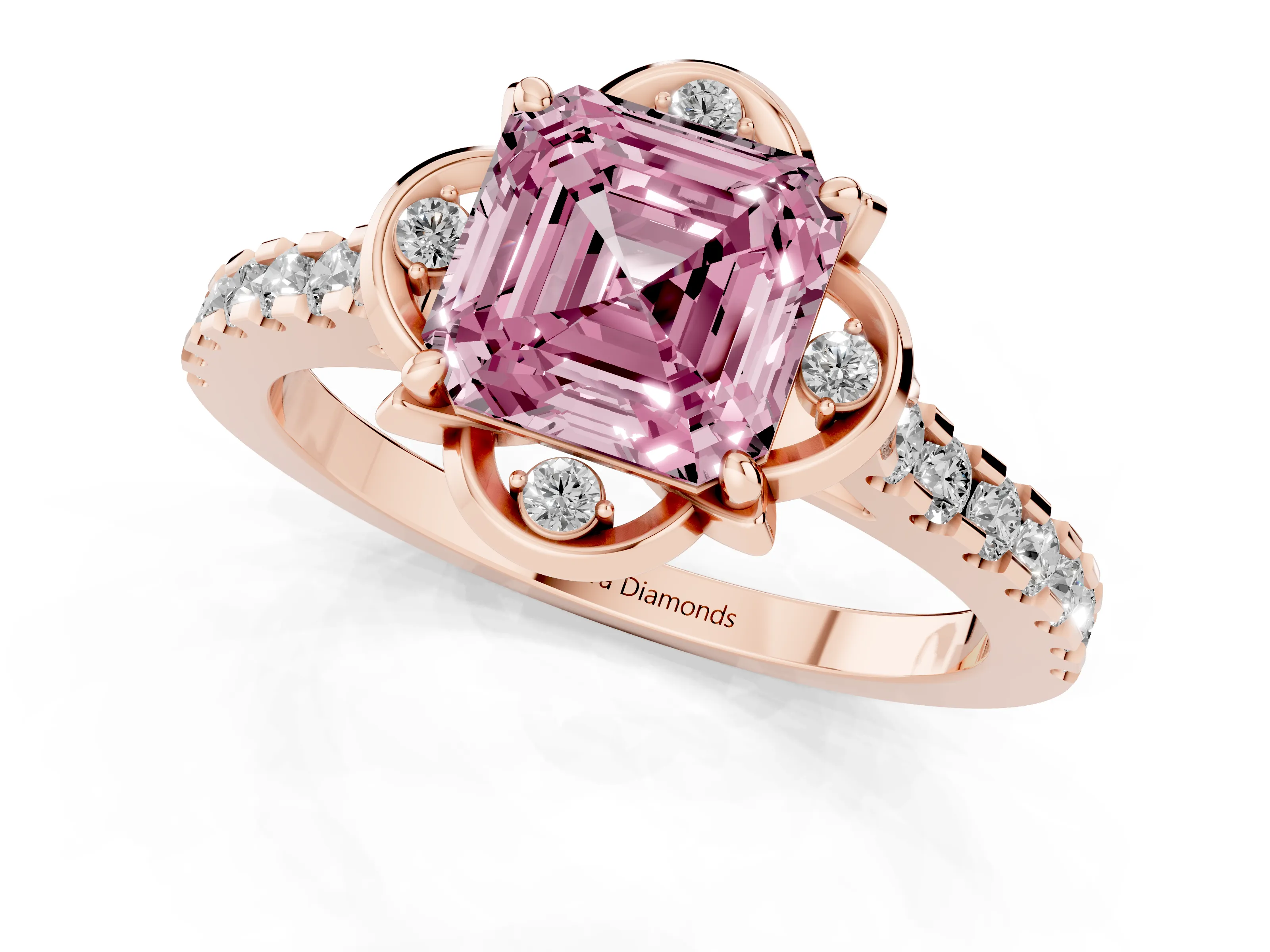 Fancy Pink Asscher Cut Diamond Solitaire Ring Set in Rose gold with Pavé Band and Floral Prong Setting
