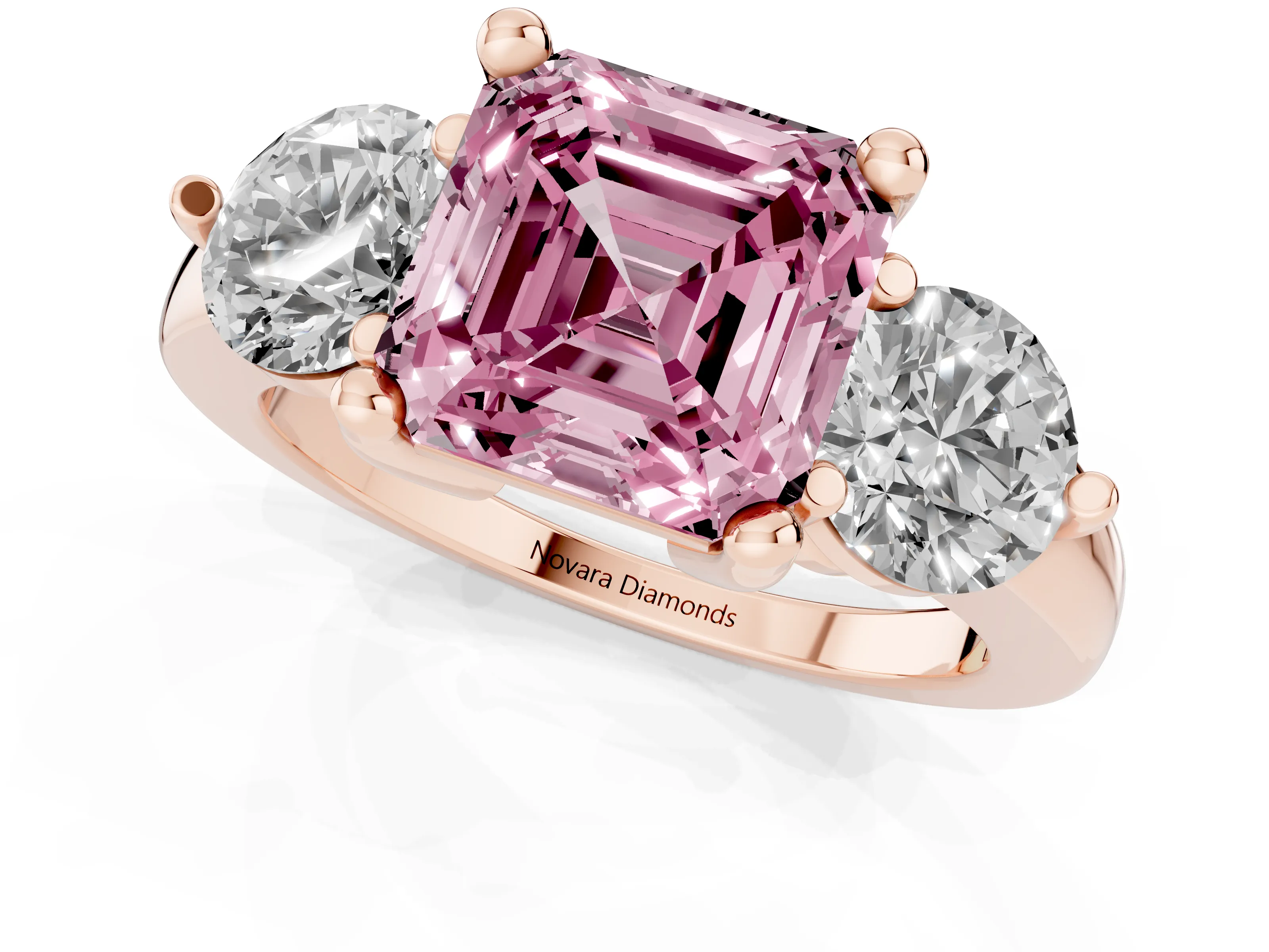 Fancy Pink Asscher Cut Diamond Three-Stone Ring Set in Rose gold with Prong Setting and Classic Band