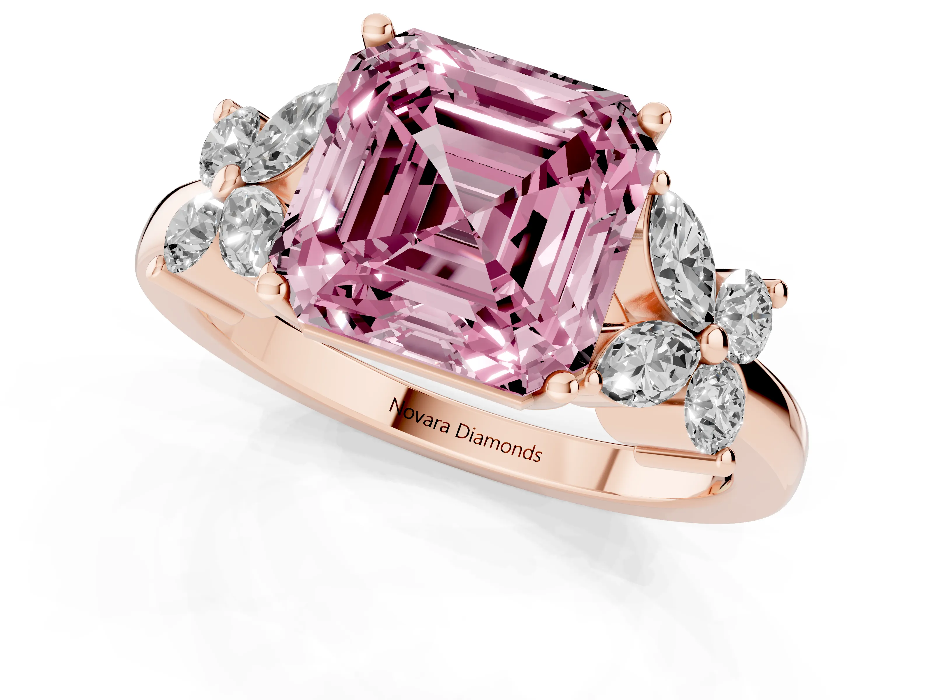 Fancy Pink Asscher Cut Diamond Floral Cluster Ring Set in Rose gold with Marquise Petals and Prong Setting