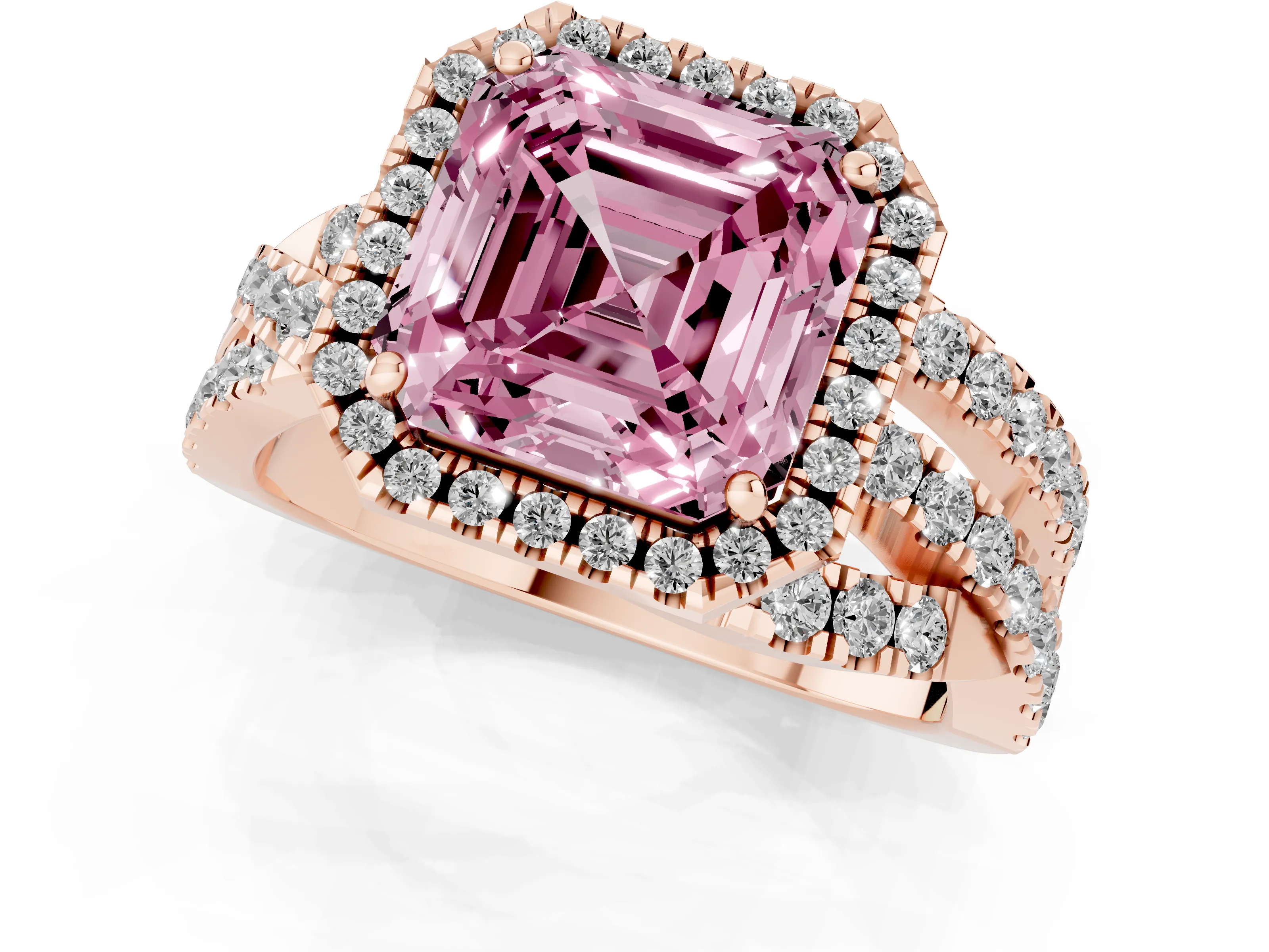 Fancy Pink Asscher Cut Diamond Halo Ring Set in Rose gold with Round Crossover Split Shank and Prong Setting
