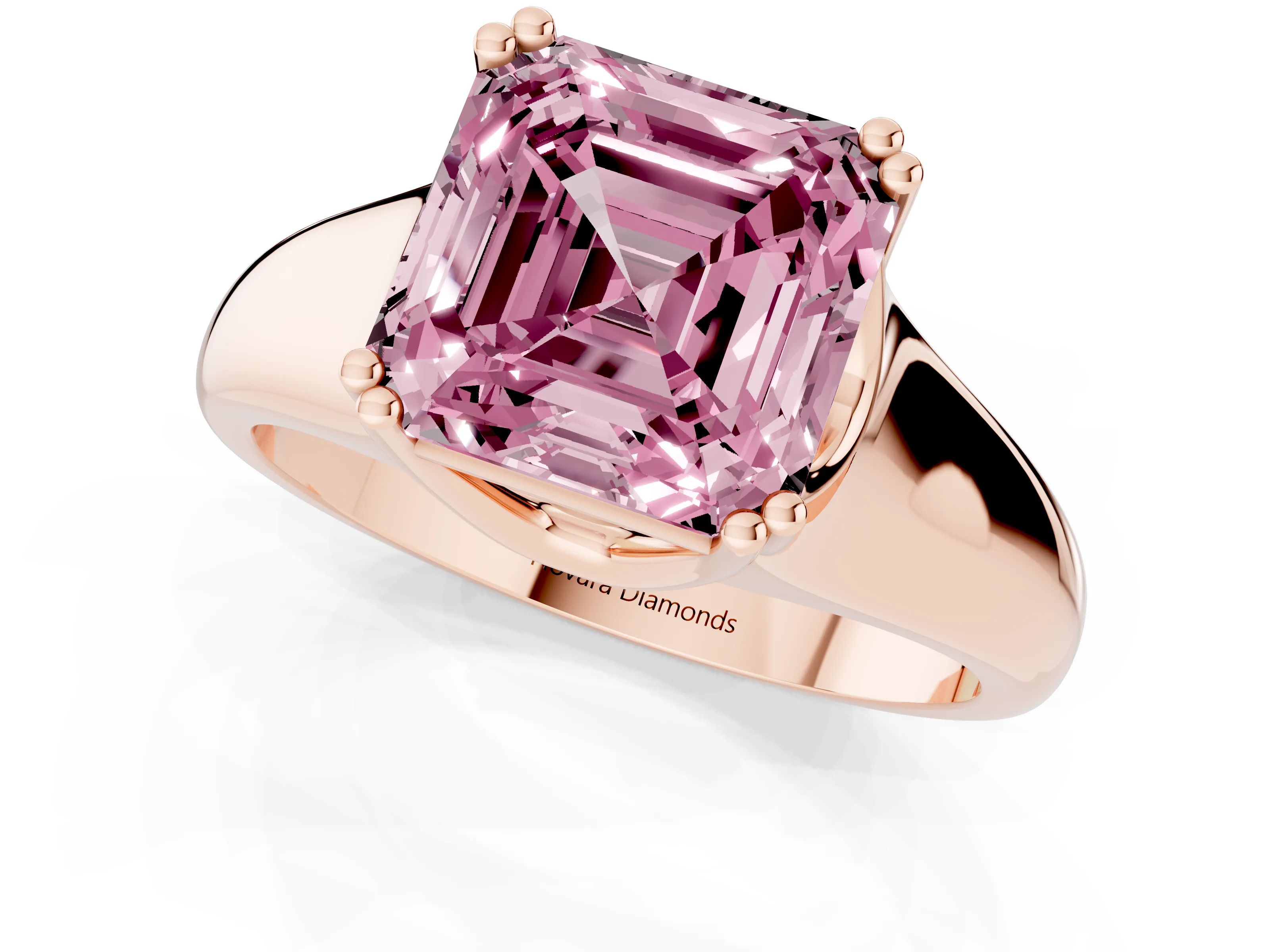 Fancy Pink Asscher Cut Diamond Solitaire Ring Set in Rose gold with Wide Band and Prong Setting