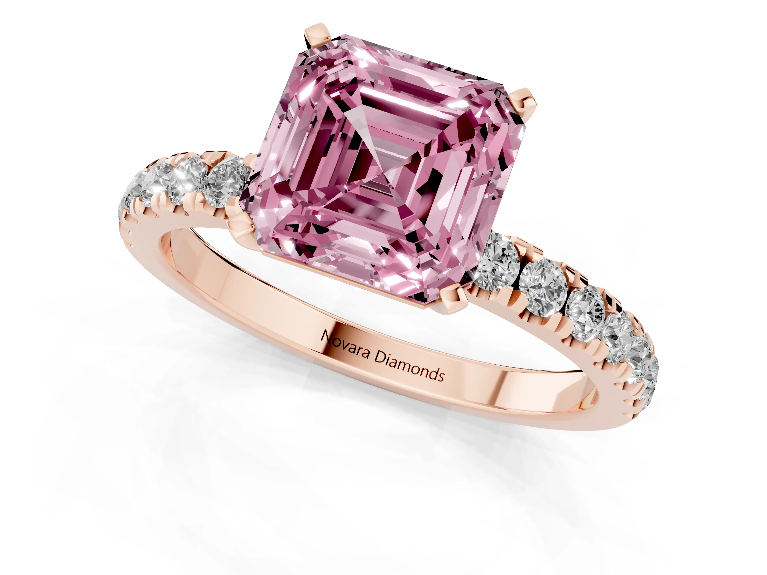 Fancy Pink Asscher Cut Diamond Solitaire Ring Set in Rose gold with Pavé Accents and Prong Setting