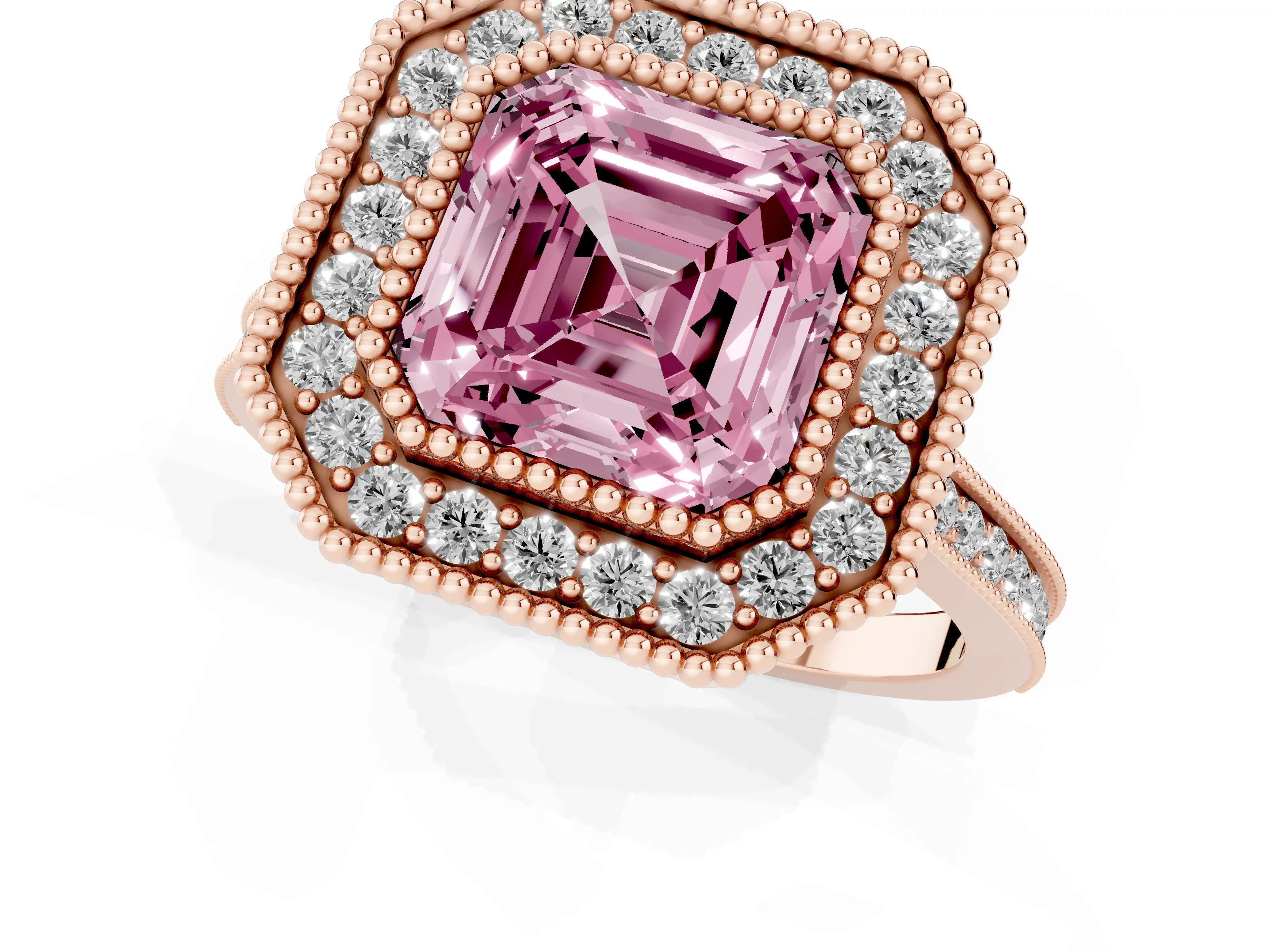 Fancy Pink Asscher Cut Diamond Halo Ring Set in Rose gold with Milgrain Frame and Pavé Band