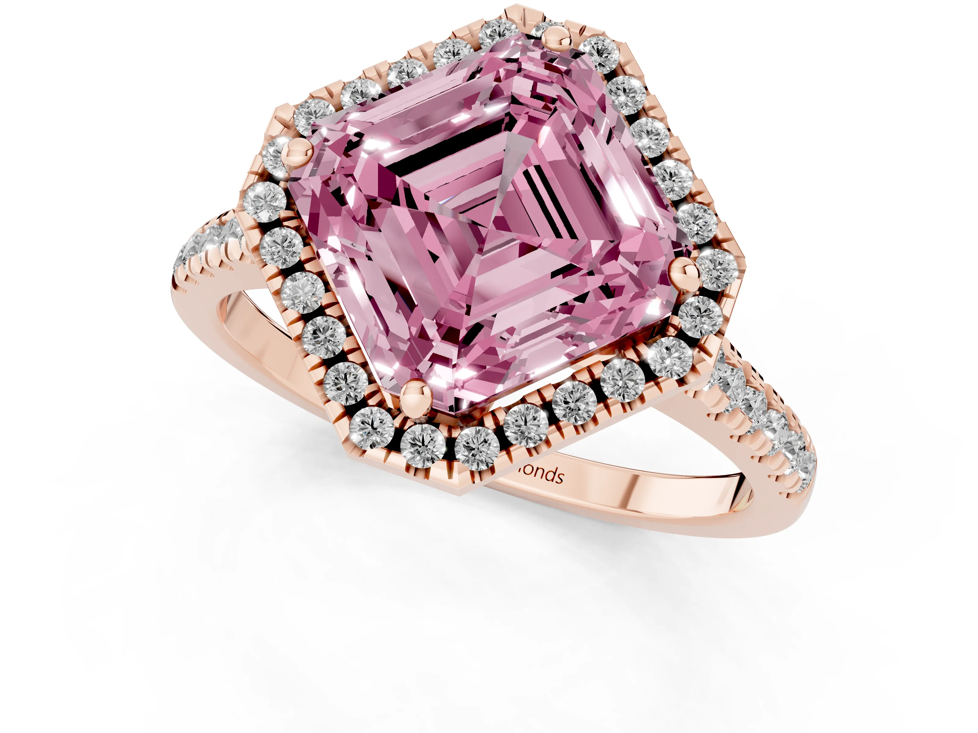 Fancy Pink Asscher Cut Diamond Cushion Halo Ring Set in Rose gold with Pavé Band