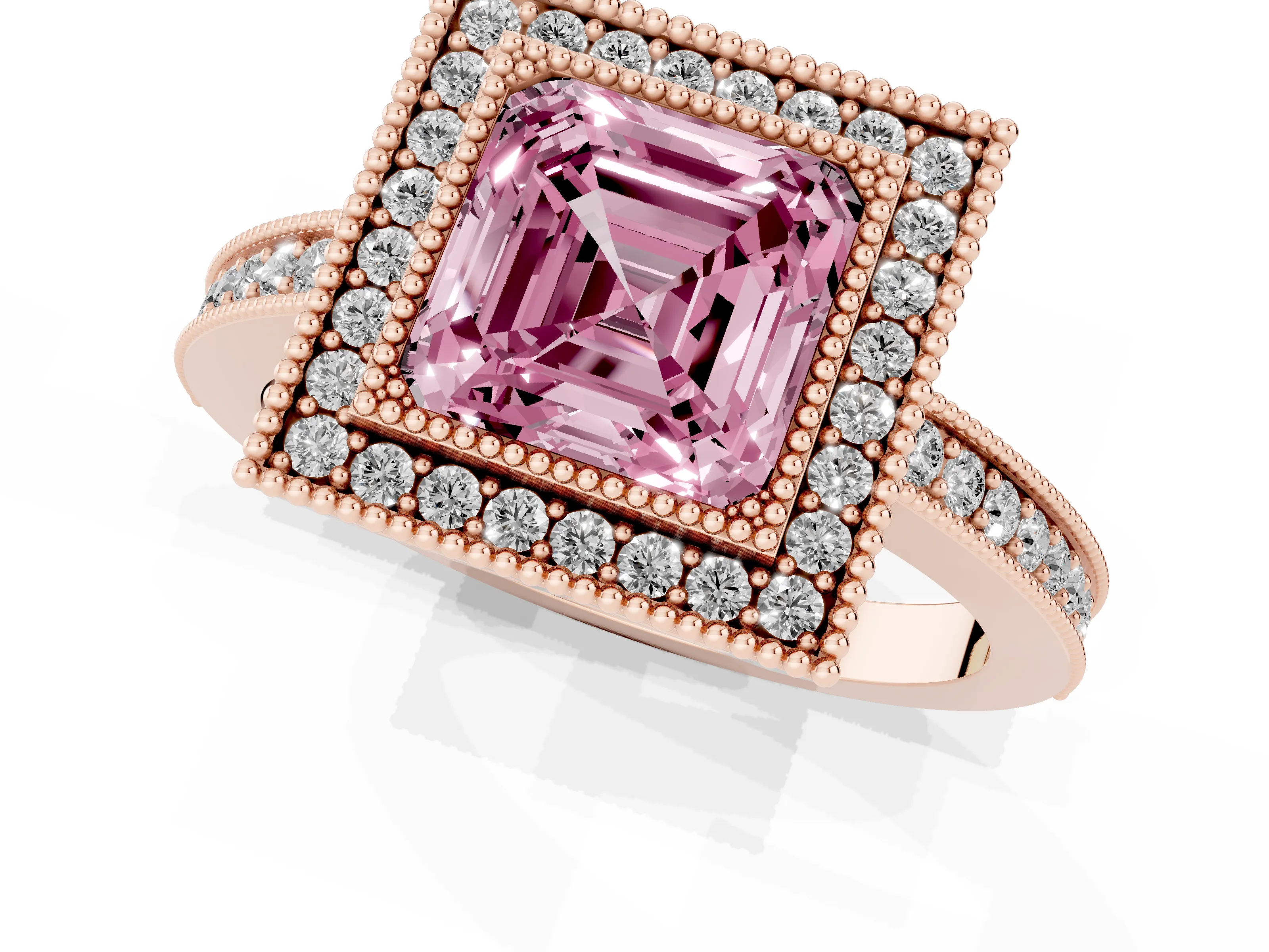 Fancy Pink Asscher Cut Diamond Round Halo Ring Set in Rose gold with Pavé Band