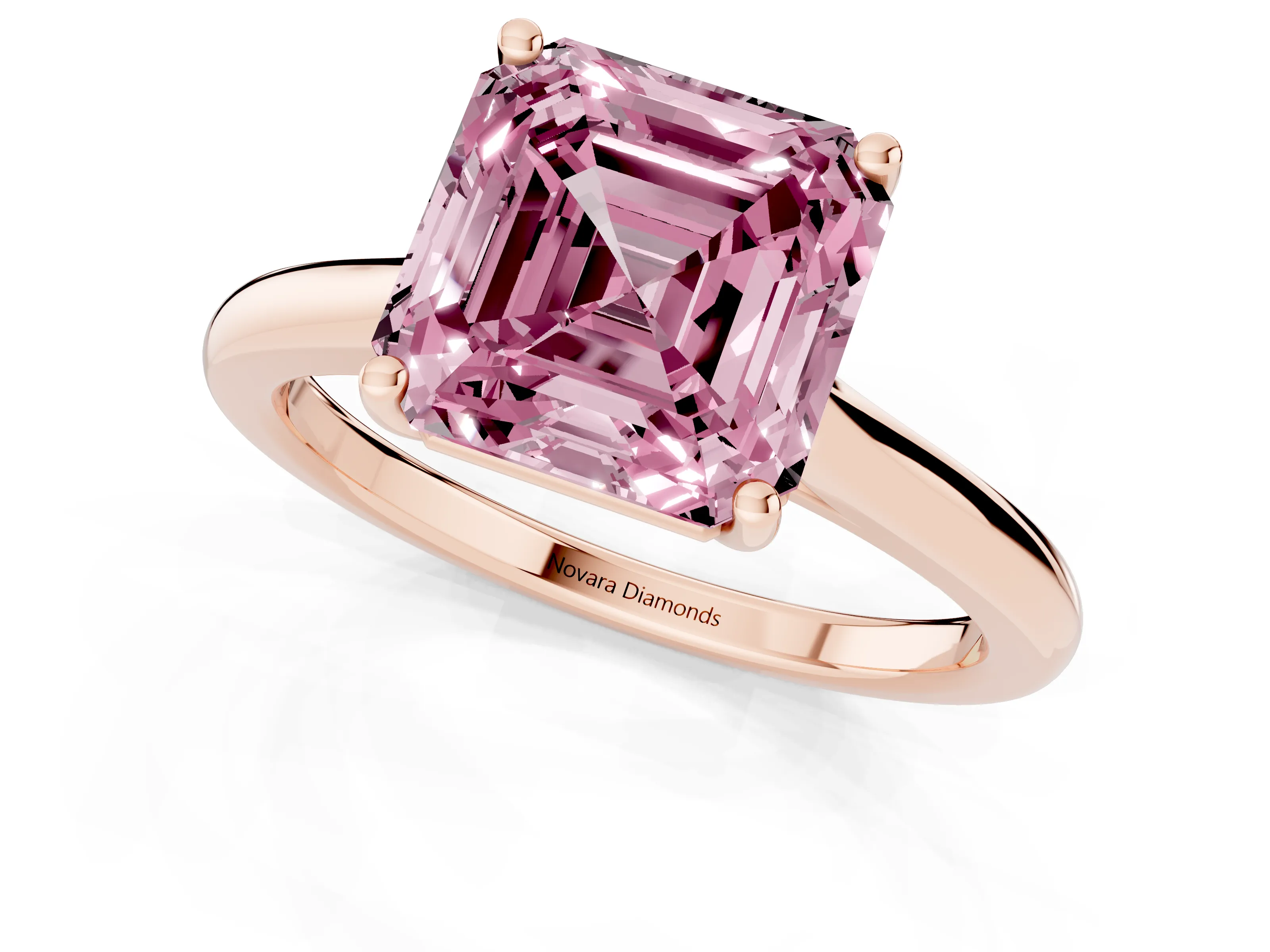 Fancy Pink Asscher Cut Diamond Solitaire Ring Set in Rose gold with Cathedral Band and Prong Setting