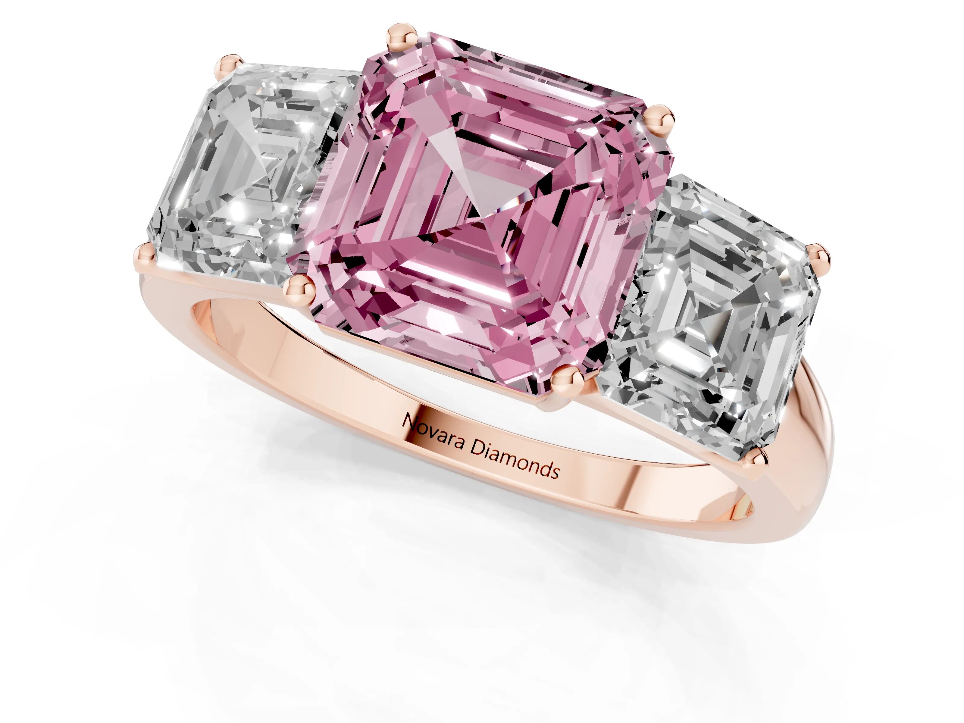 Fancy Pink Asscher Cut Diamond Three-Stone Ring Set in Rose gold with Classic Prong Setting and Plain Band