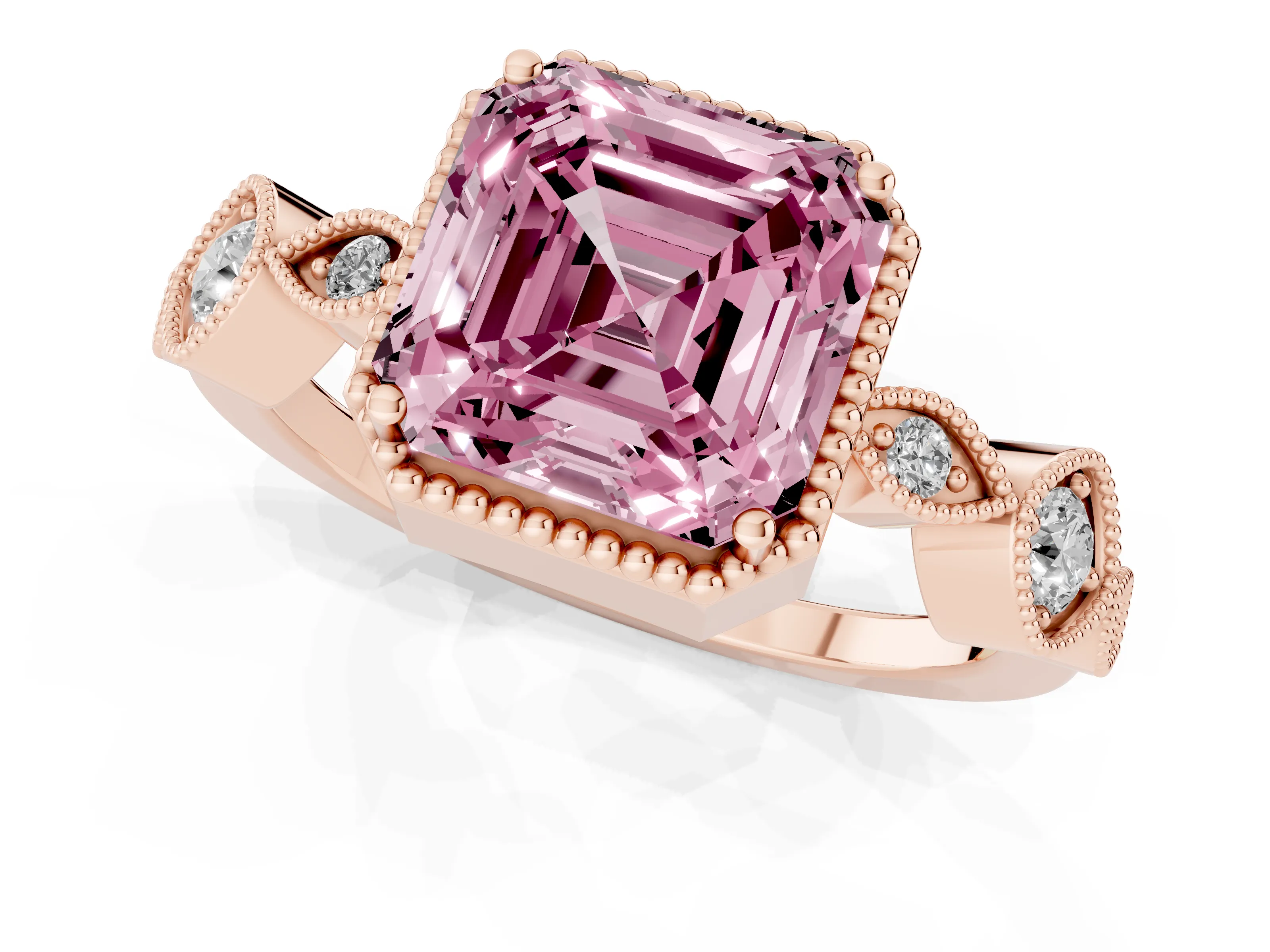 Fancy Pink Asscher Cut Diamond Vintage-Inspired Milgrain Ring Set in Rose gold with Marquise Stations of Round Accents