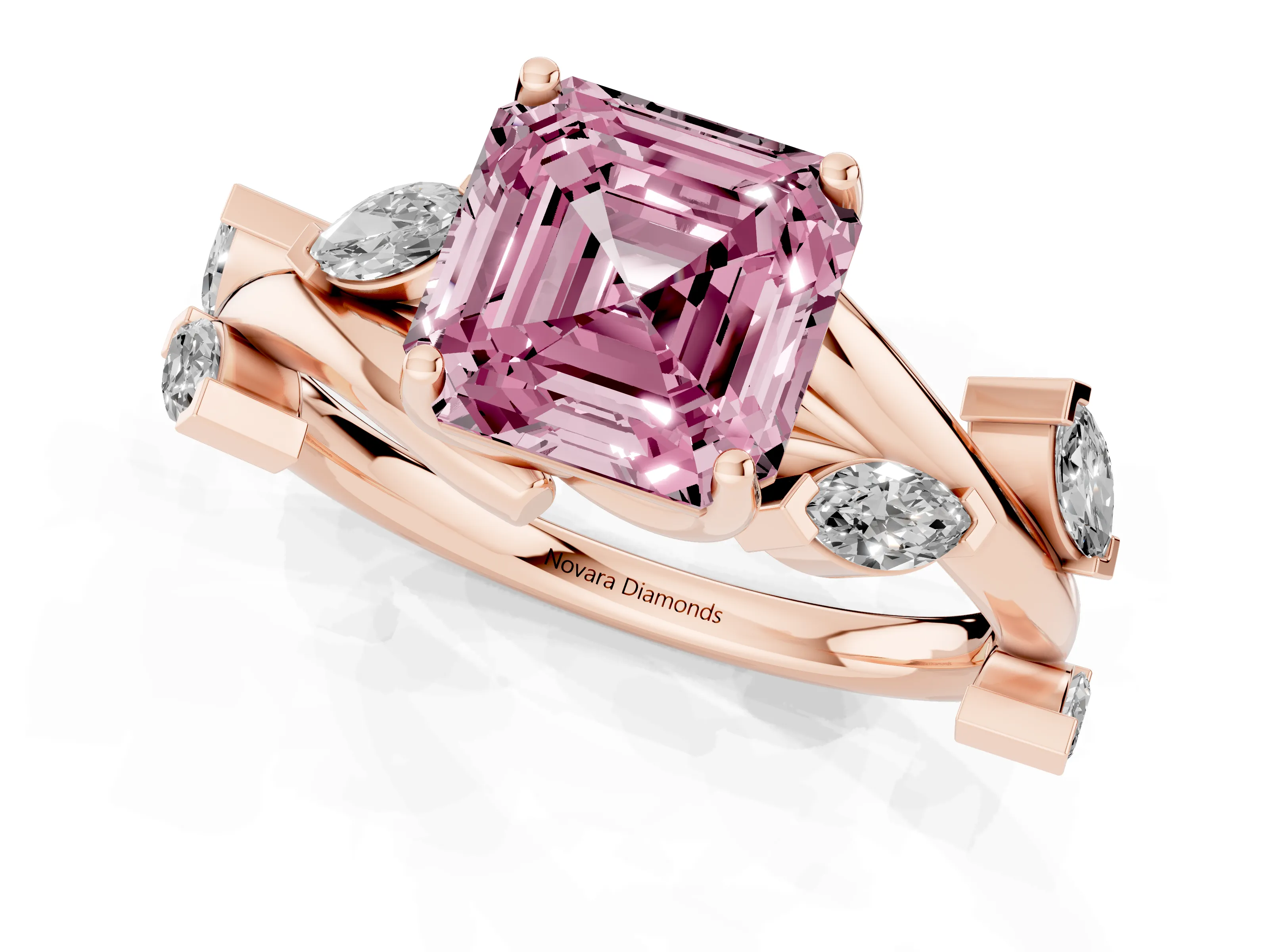 Fancy Pink Asscher Cut Diamond Solitaire Ring Set in Rose gold with Twisted Marquise Accent Band