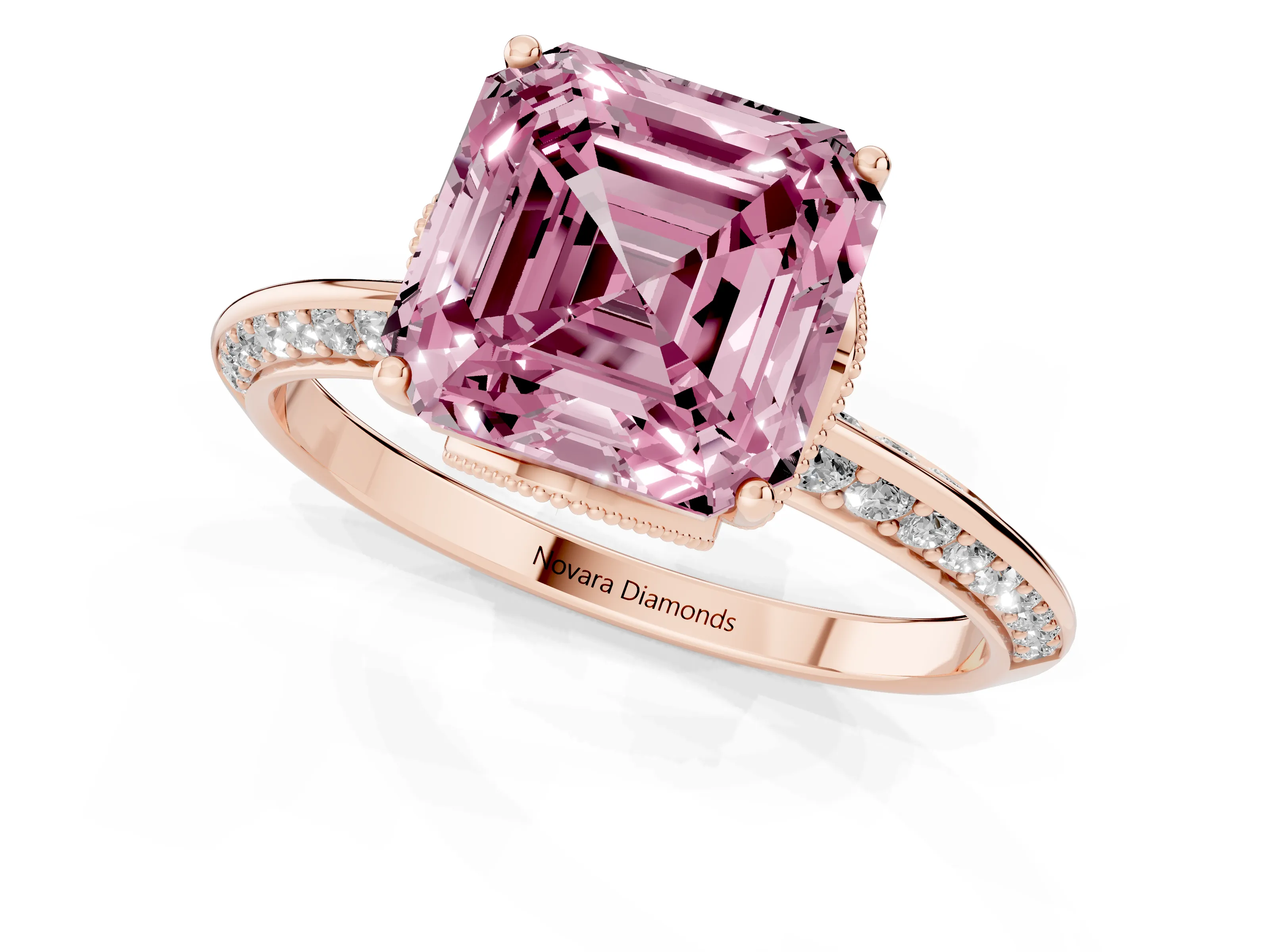 Fancy Pink Asscher Cut Diamond Solitaire Engagement Ring Set in Rose gold with Pavé Split Shank and Prong Setting