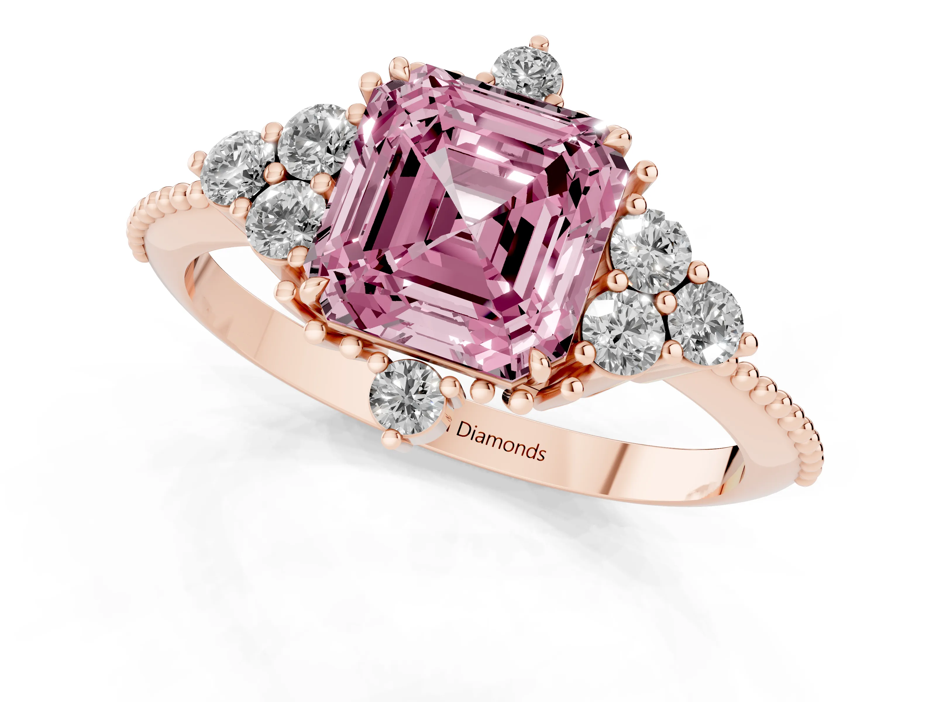 Fancy Pink Asscher Cut Diamond Cluster Ring Set in Rose gold with Beaded Band