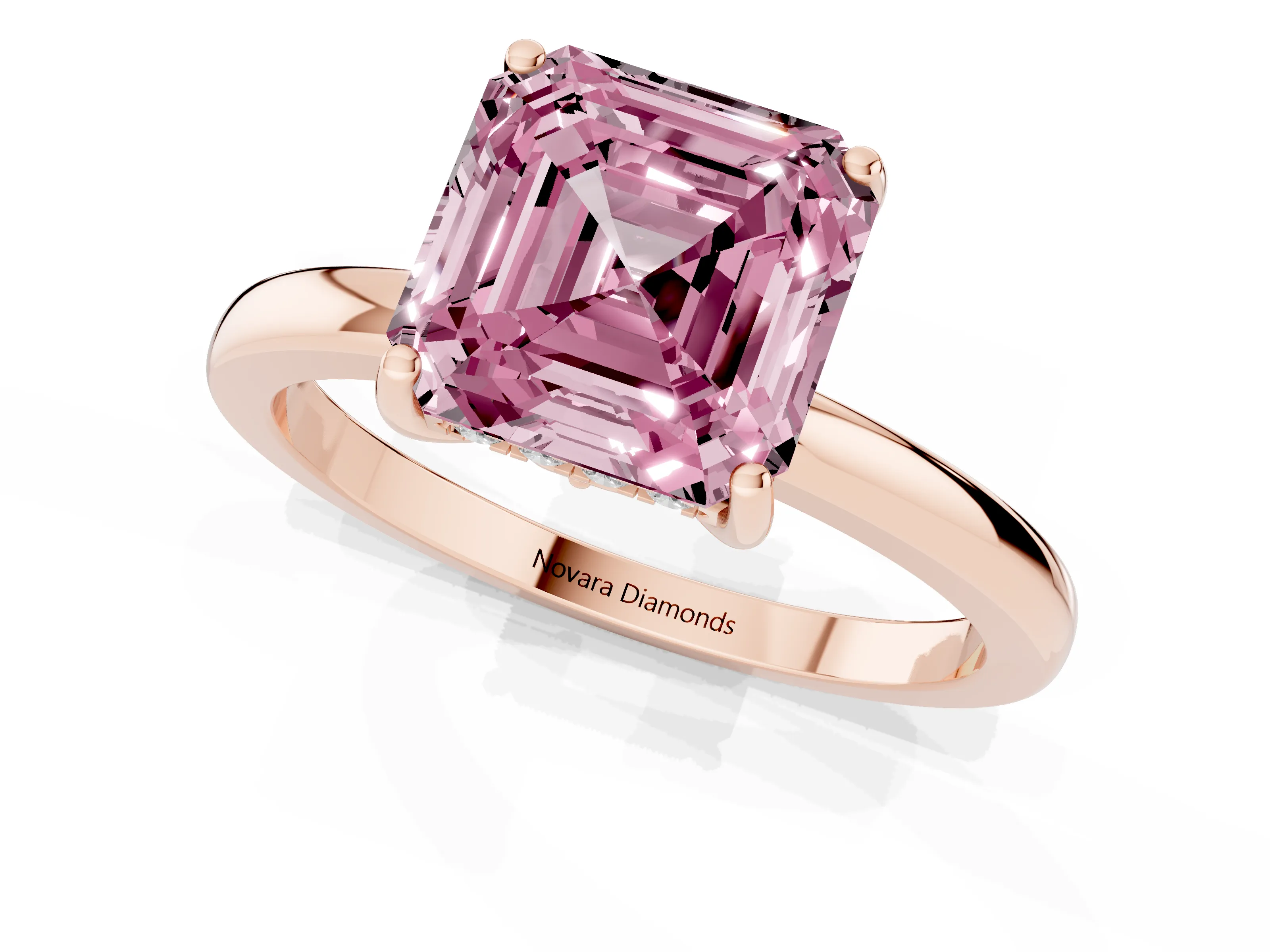 Fancy Pink Asscher Cut Diamond Solitaire Ring Set in Rose gold with Plain Band and Prong Setting
