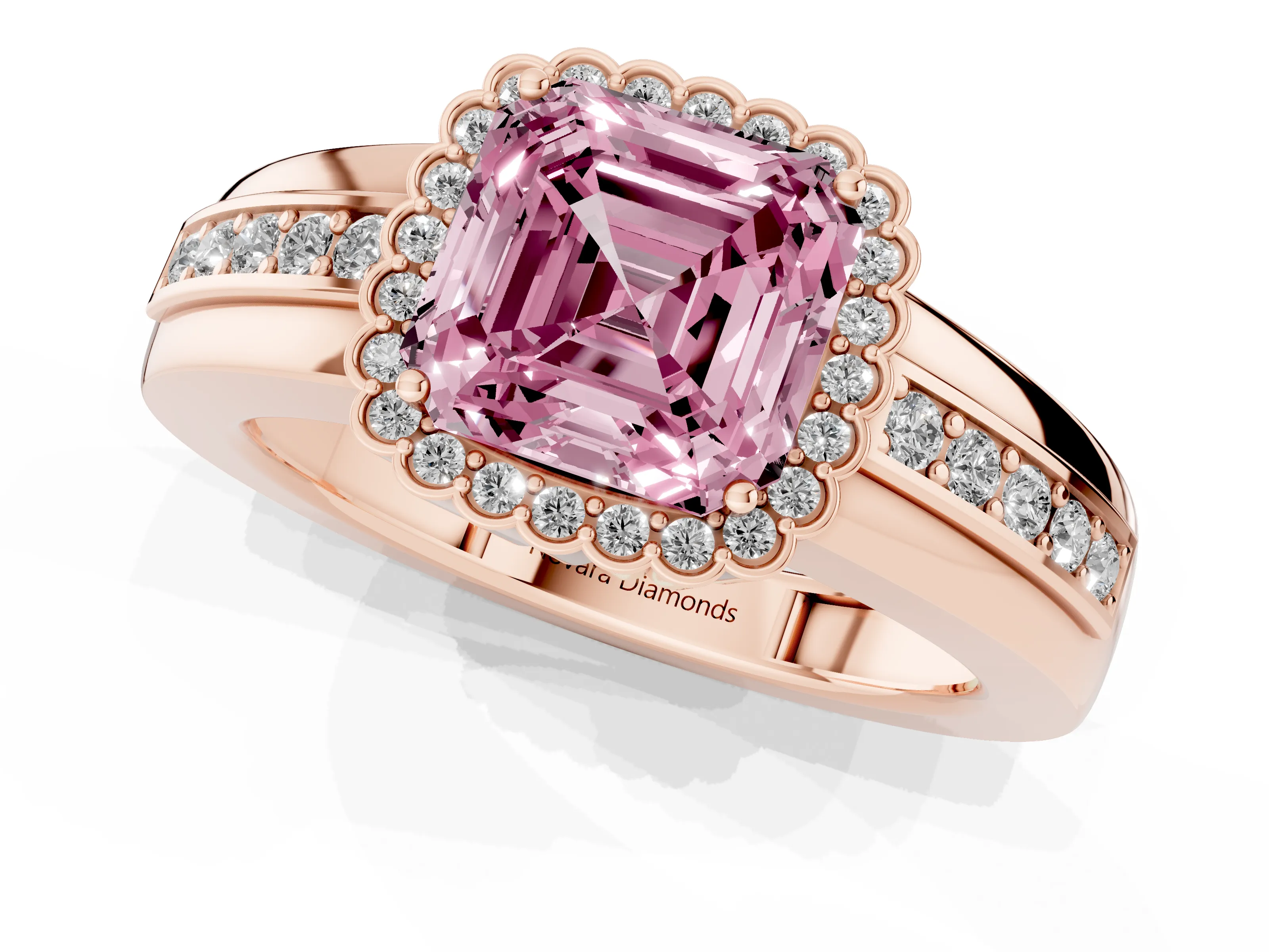 Fancy Pink Asscher Cut Diamond Halo Prong Ring Set in Rose gold with Pavé Band