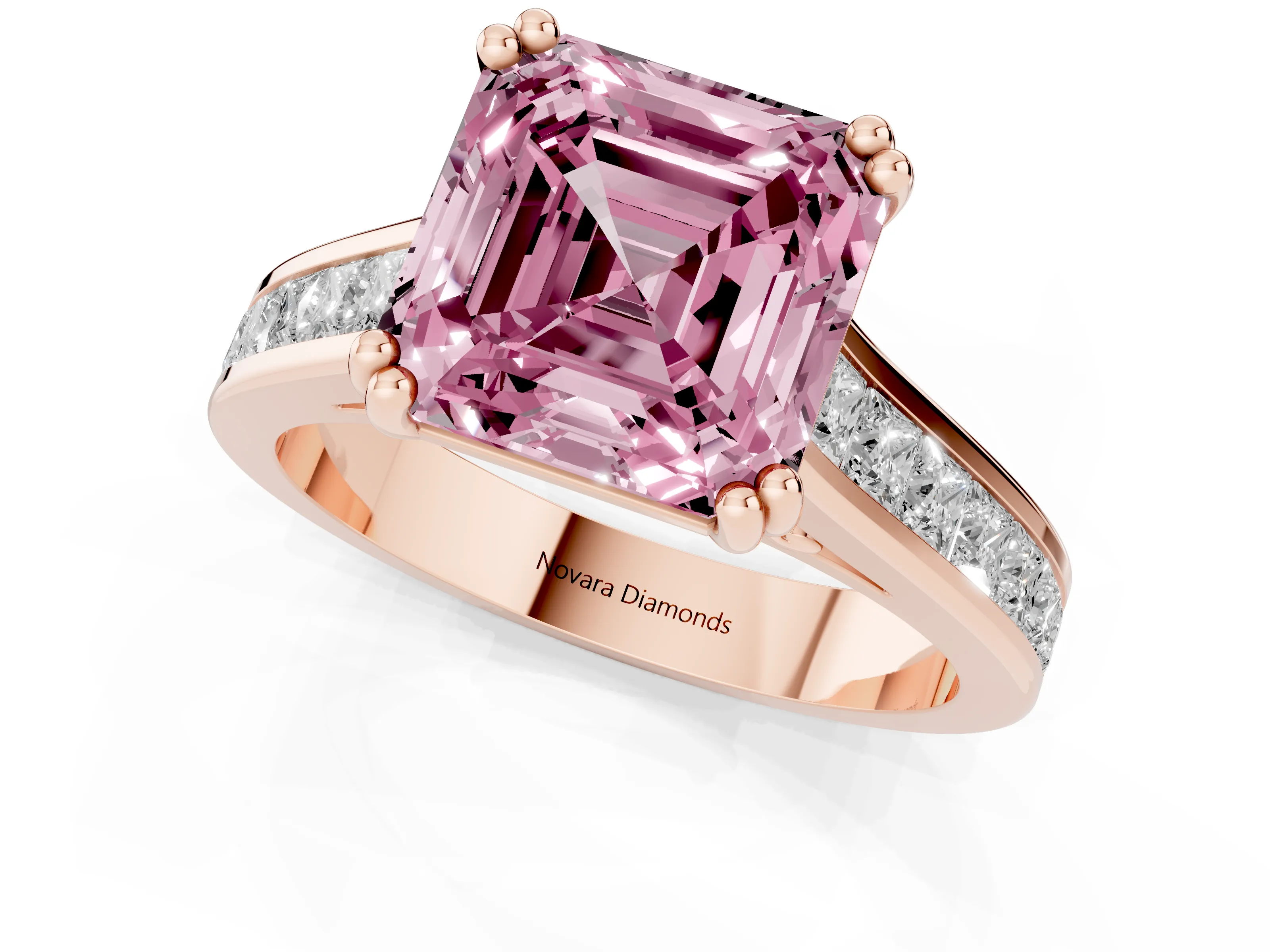 Fancy Pink Asscher Cut Diamond Channel Set Solitaire Engagement Ring Set in Rose gold with Prong Setting