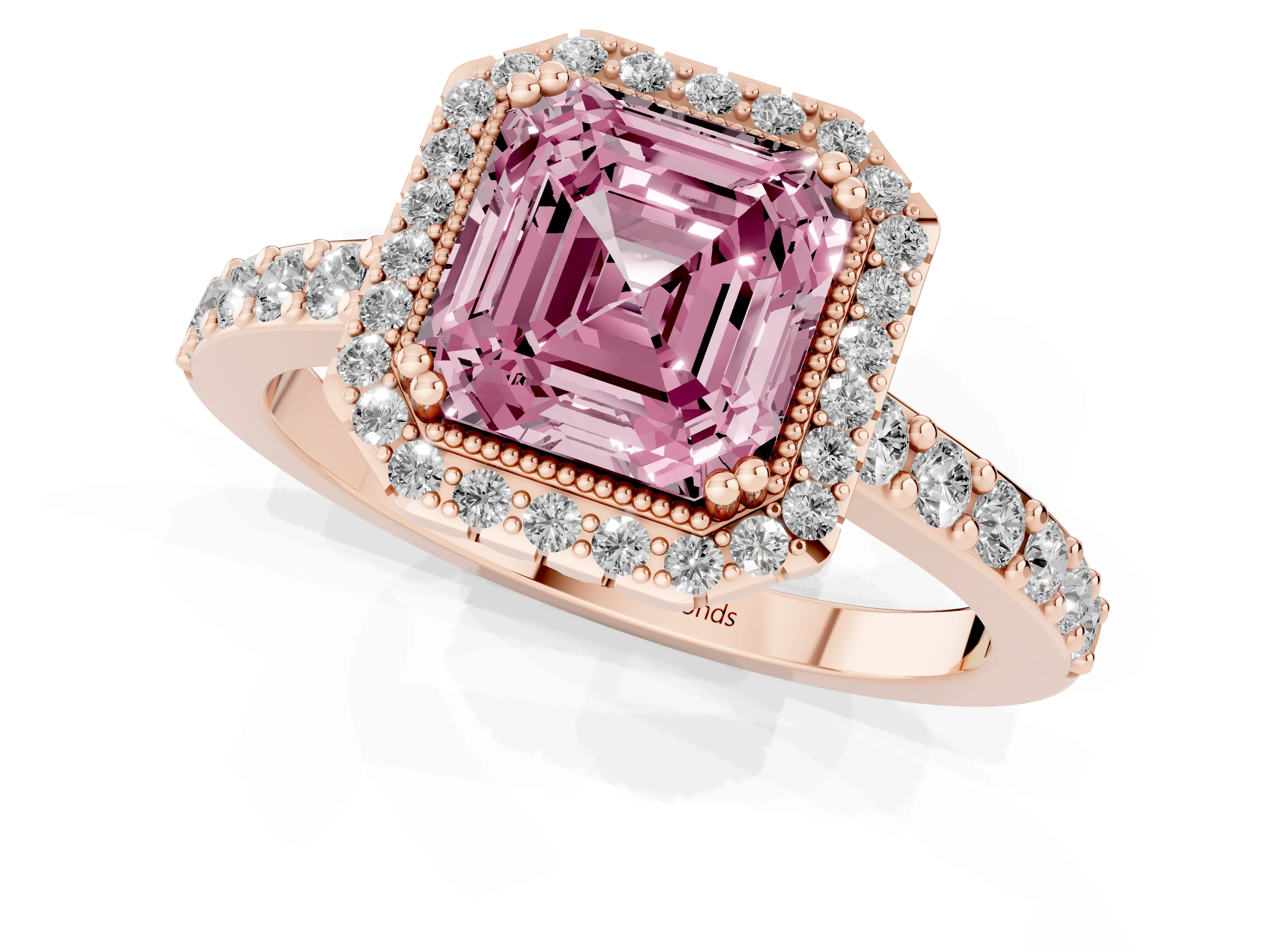 Fancy Pink Asscher Cut Diamond Halo Engagement Ring Set in Rose gold with Milgrain Detail and Pavé Band