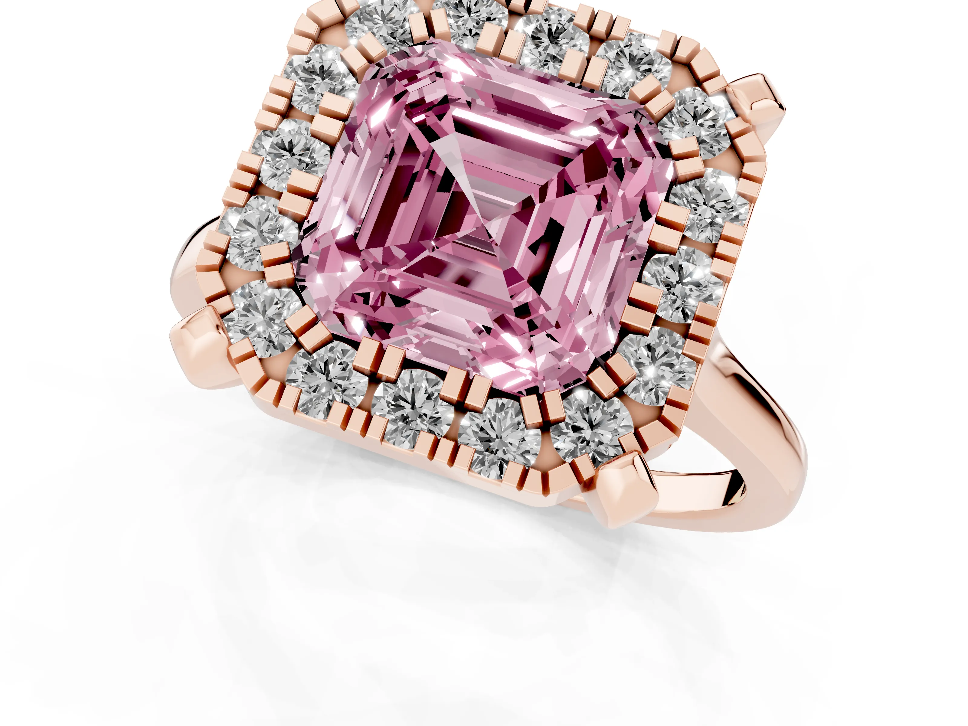 Fancy Pink Asscher Cut Diamond Cluster Halo Solitaire Ring Set in Rose gold with Prong Setting