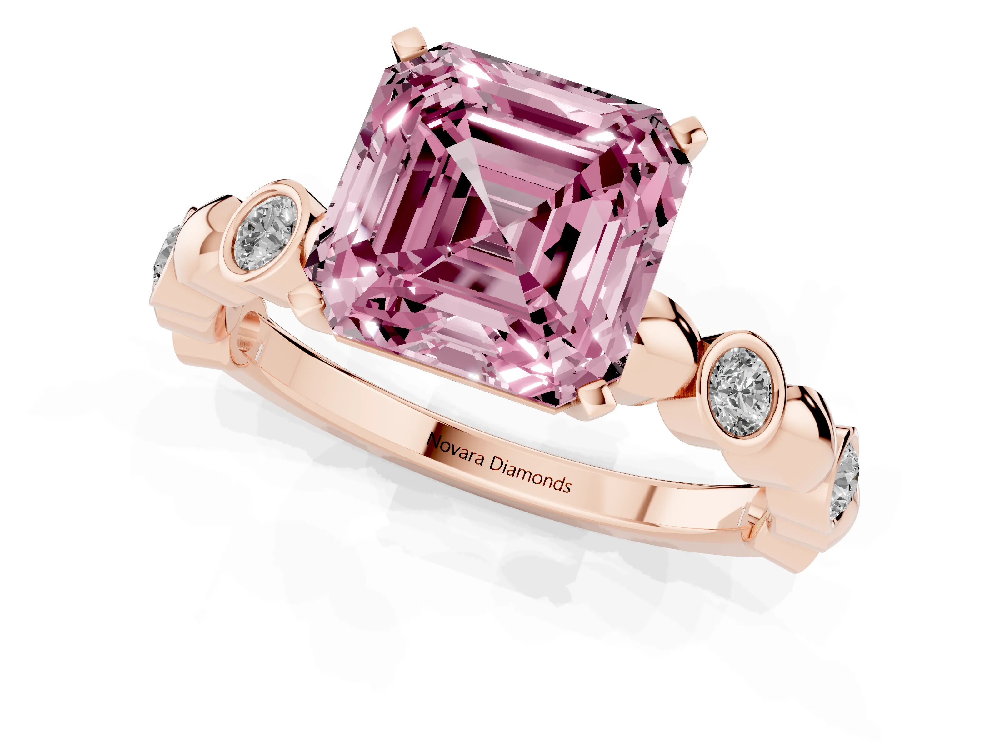 Fancy Pink Asscher Cut Diamond Solitaire Ring Set in Rose gold with Bezel-Set Accents on Beaded Band and Prong Setting