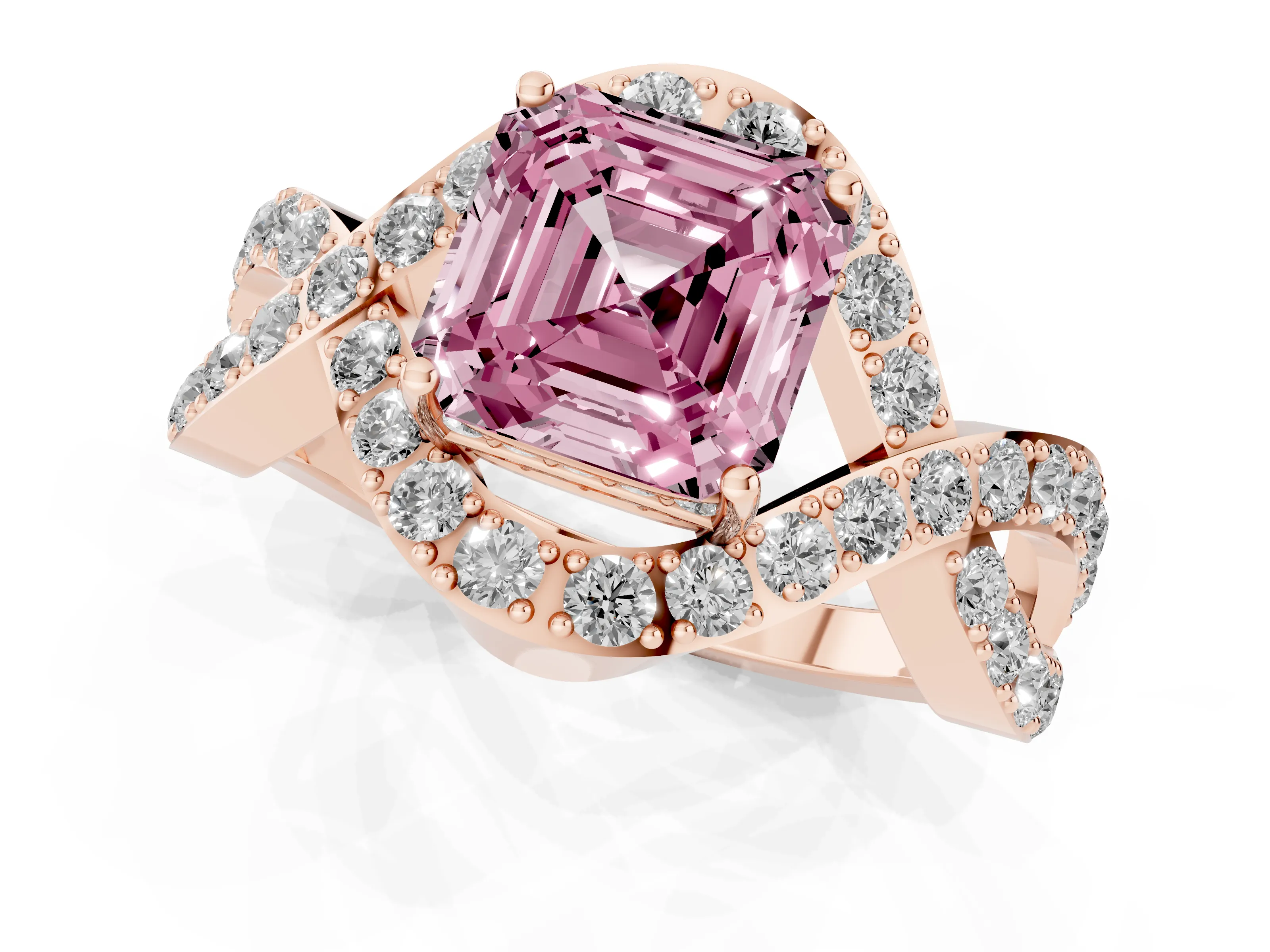 Fancy Pink Asscher Cut Diamond Solitaire Twist Band Pavé Engagement Ring Set in Rose gold