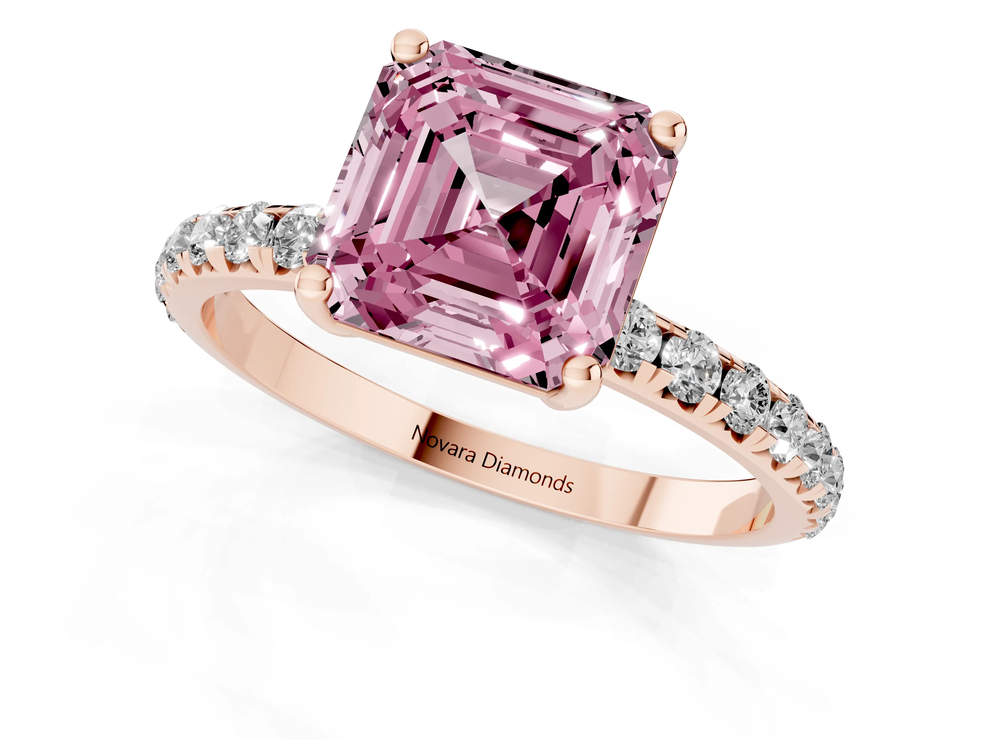 Fancy Pink Asscher Cut Diamond Solitaire Ring Set in Rose gold with Micro Pavé Band and Prong Setting