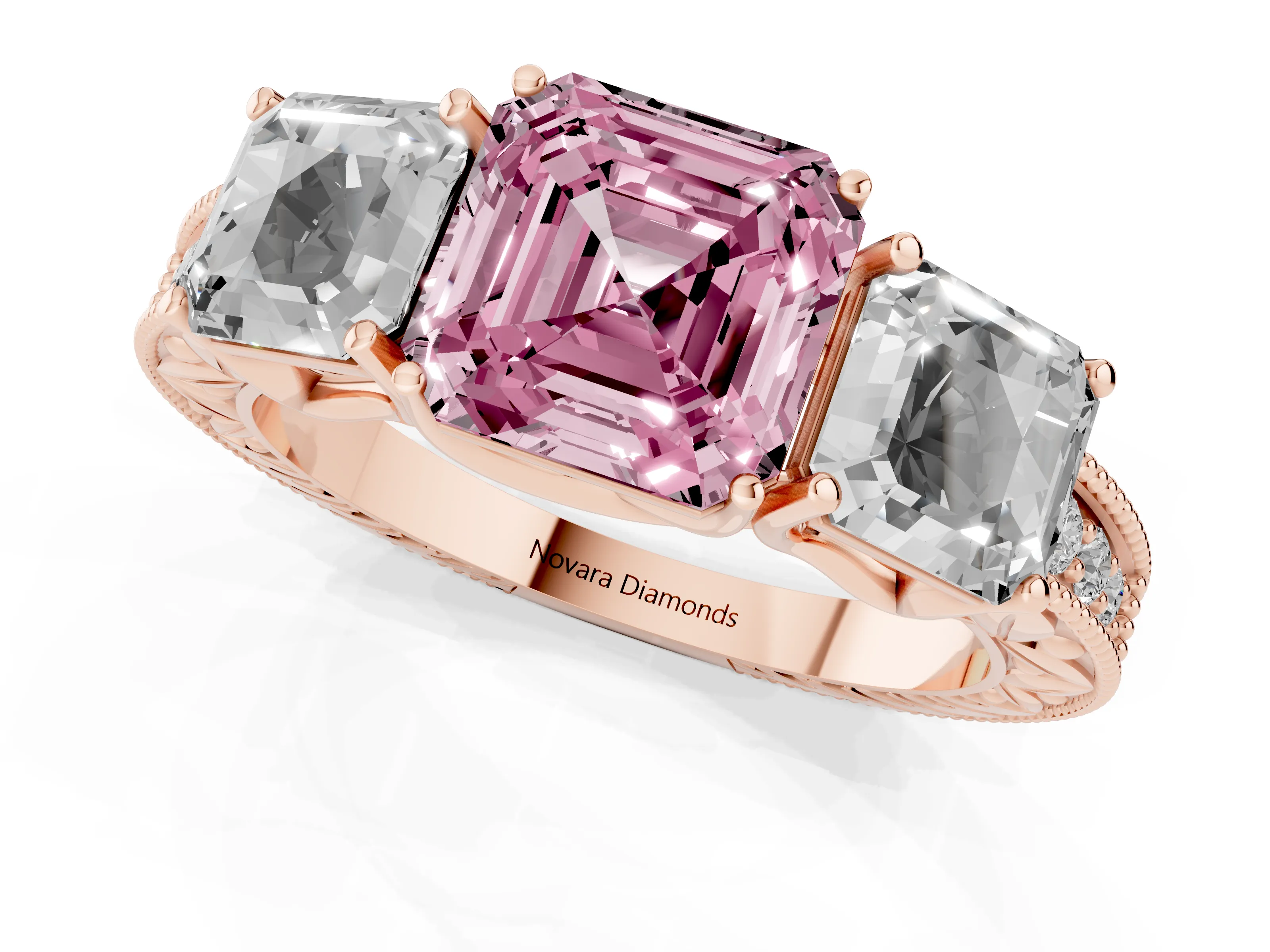 Fancy Pink Asscher Cut Diamond Three-Stone Engagement Ring Set in Rose gold with Milgrain Pavé Band