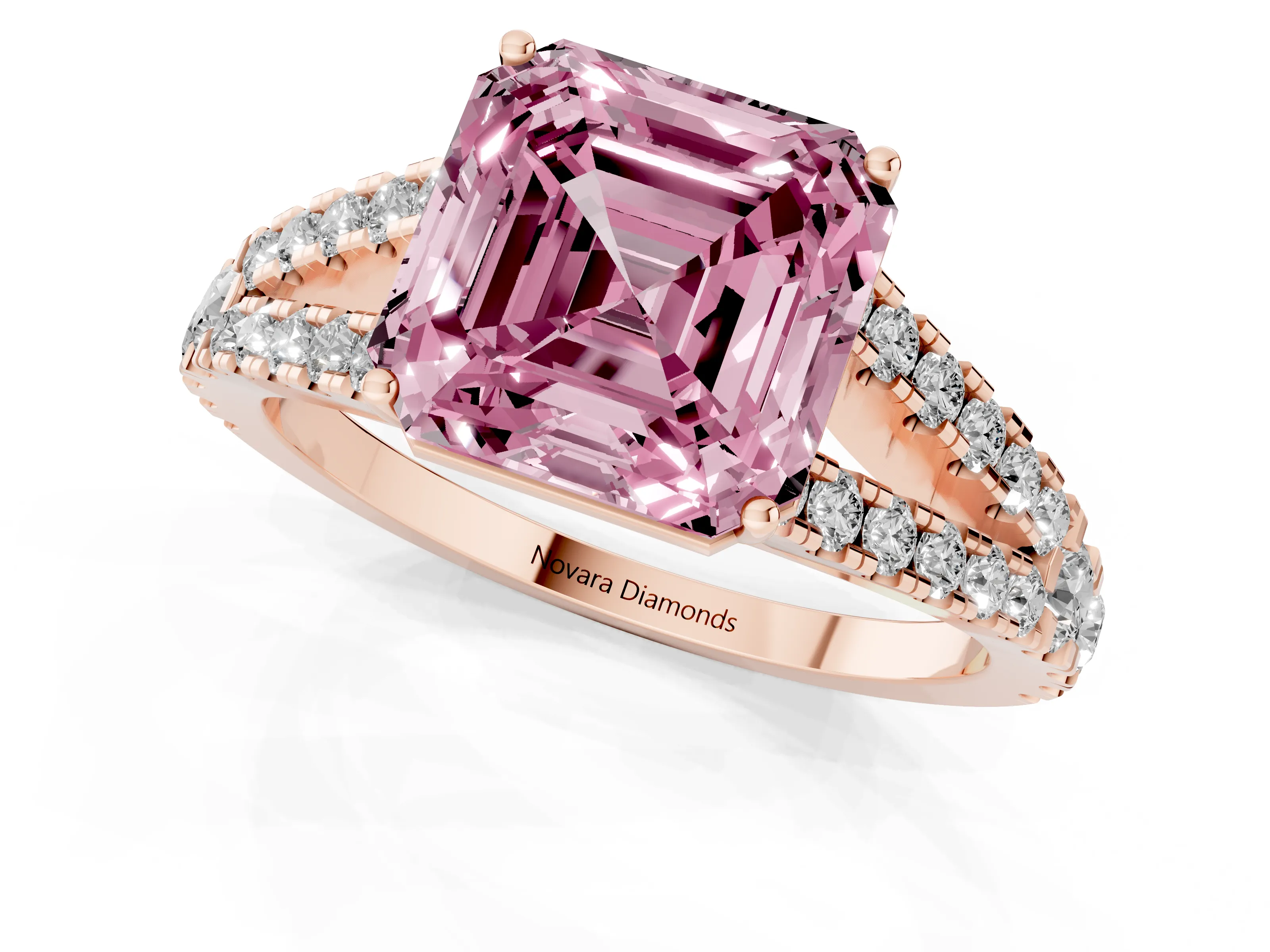 Fancy Pink Asscher Cut Diamond Split Shank Engagement Ring Set in Rose gold with Round Pavé and Prong Setting