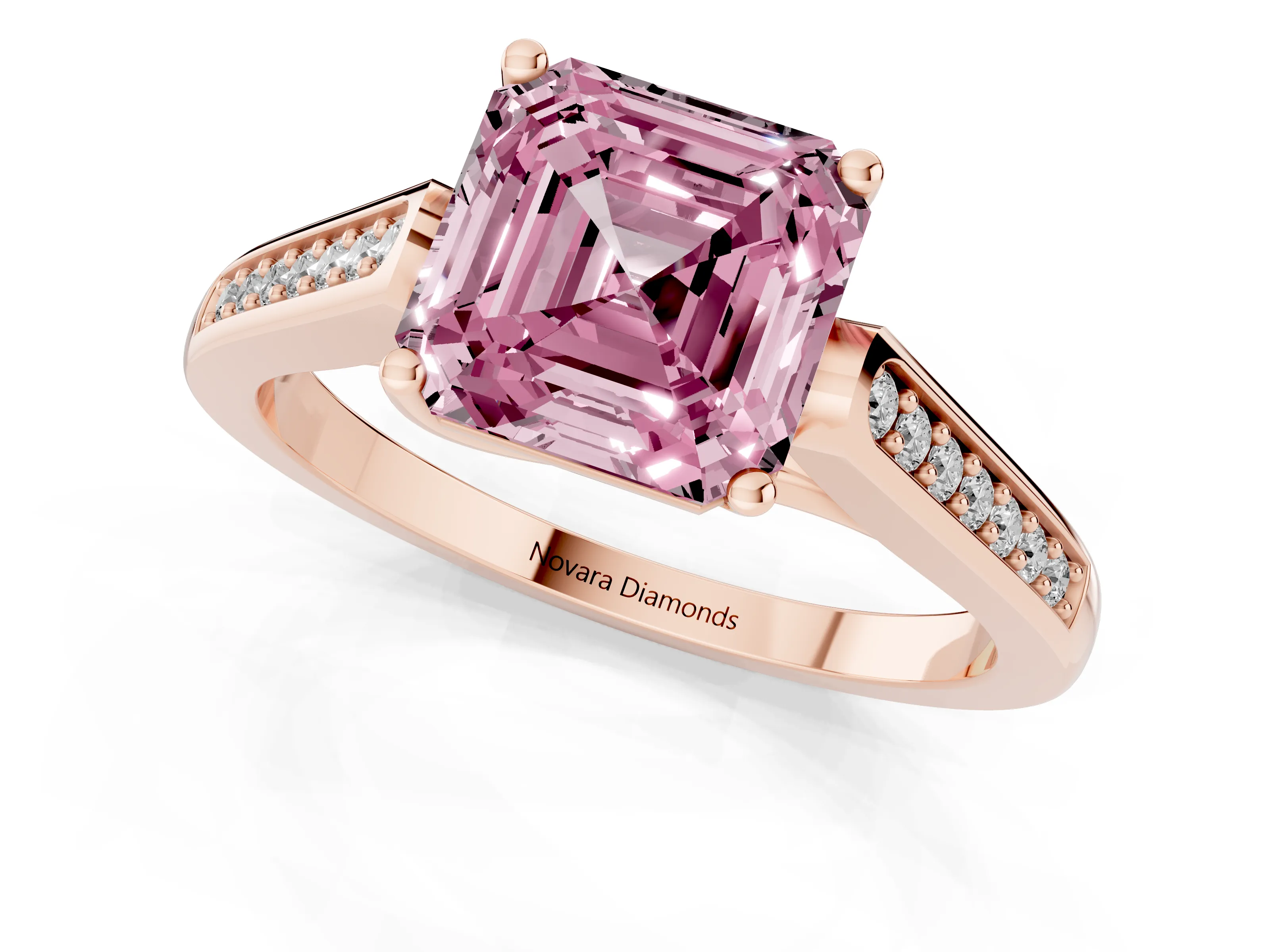 Fancy Pink Asscher Cut Diamond Solitaire Cathedral Engagement Ring Set in Rose gold with Channel-Set Band and Prong Setting