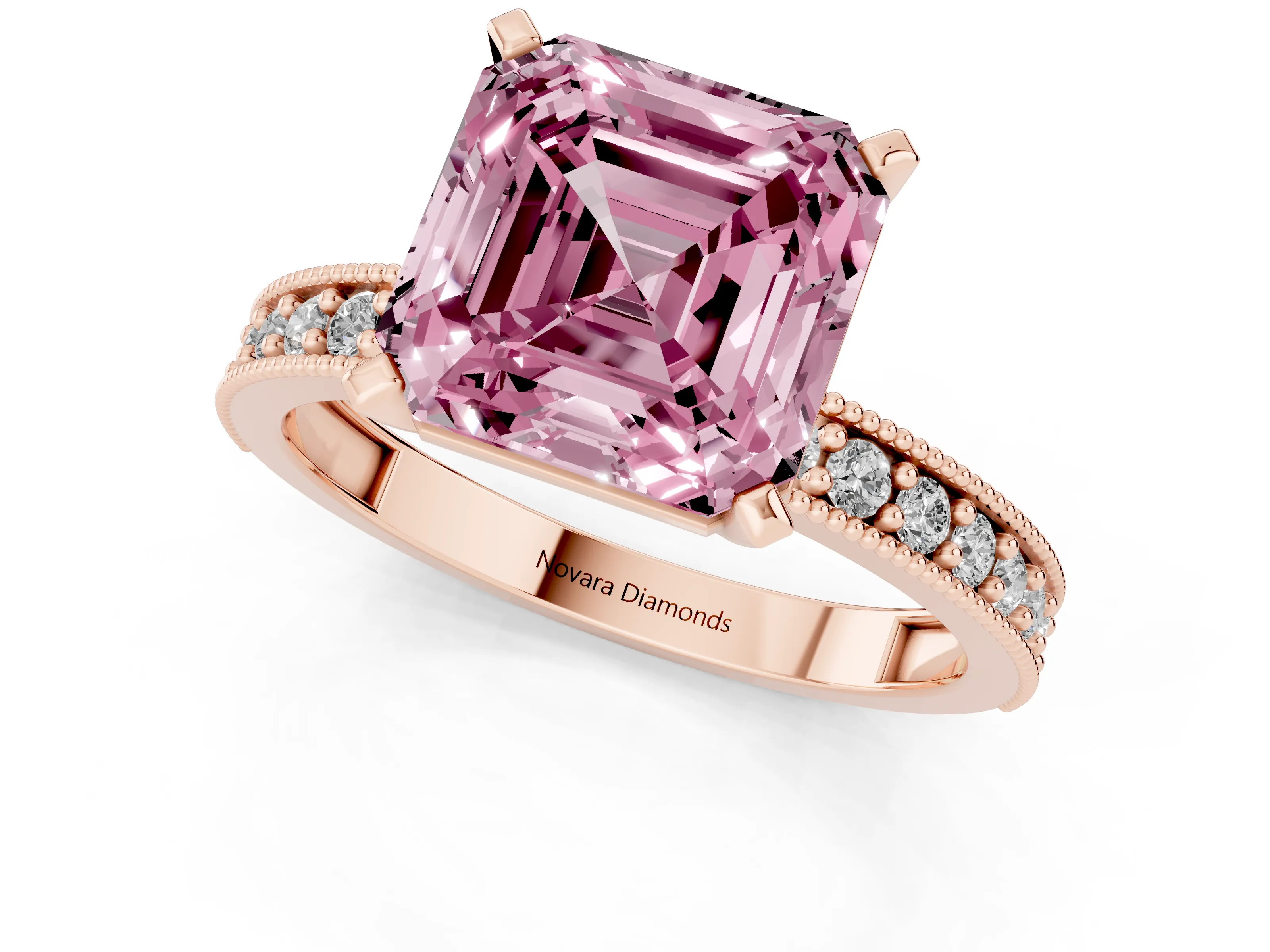 Fancy Pink Asscher Cut Diamond Milgrain Pavé Engagement Ring Set in Rose gold with Prong Setting