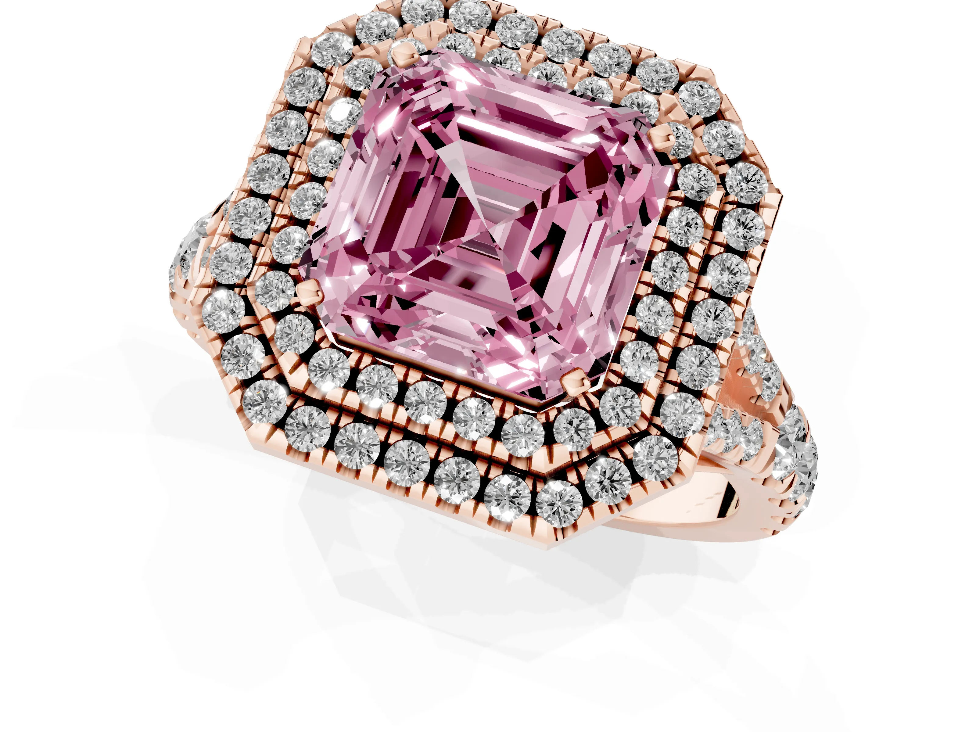Fancy Pink Asscher Cut Diamond Pavé Split Shank Double Halo Engagement Ring Set in Rose gold