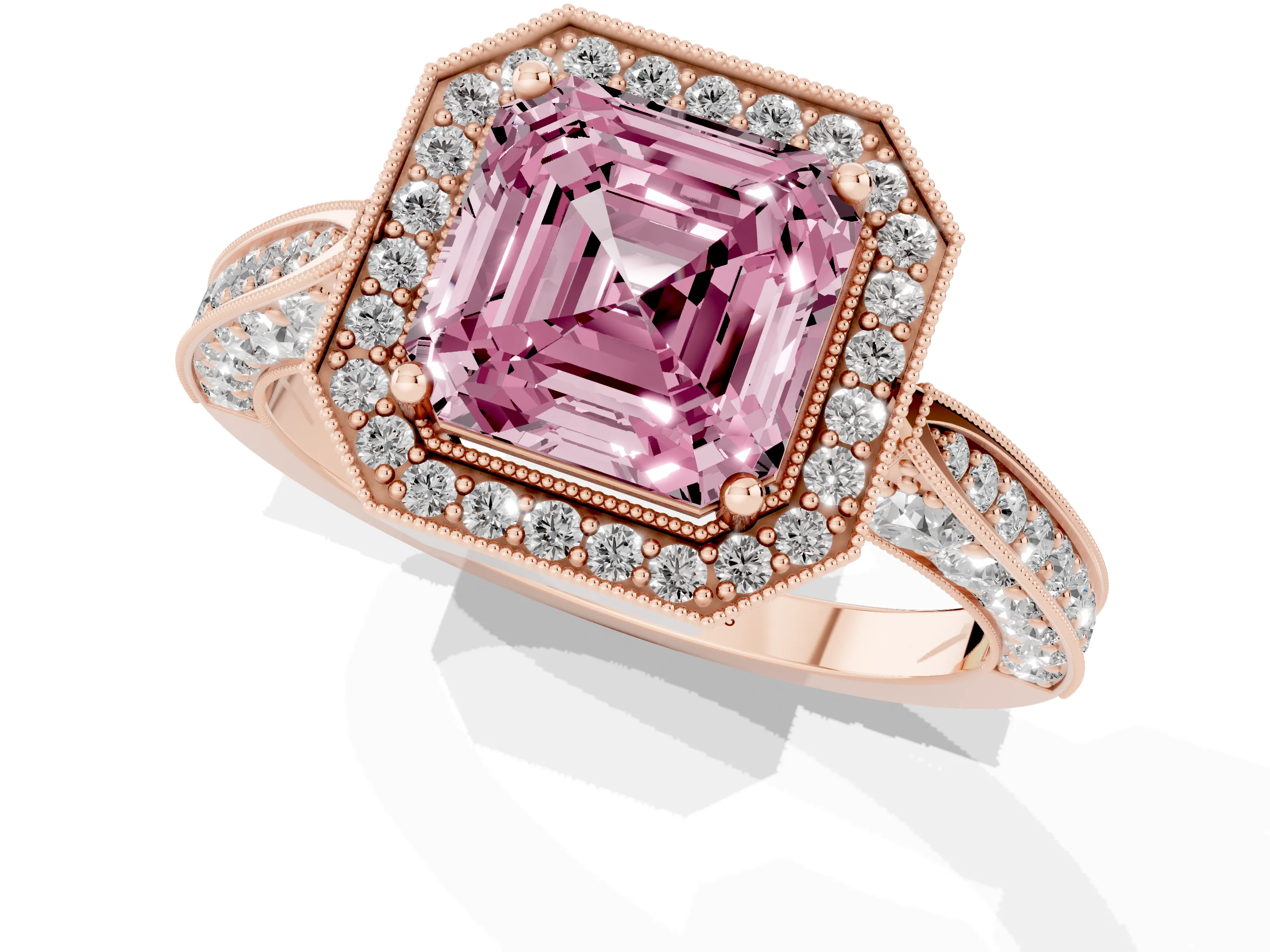 Fancy Pink Asscher Cut Diamond Halo Engagement Ring Set in Rose gold with Accent Split Shank Band