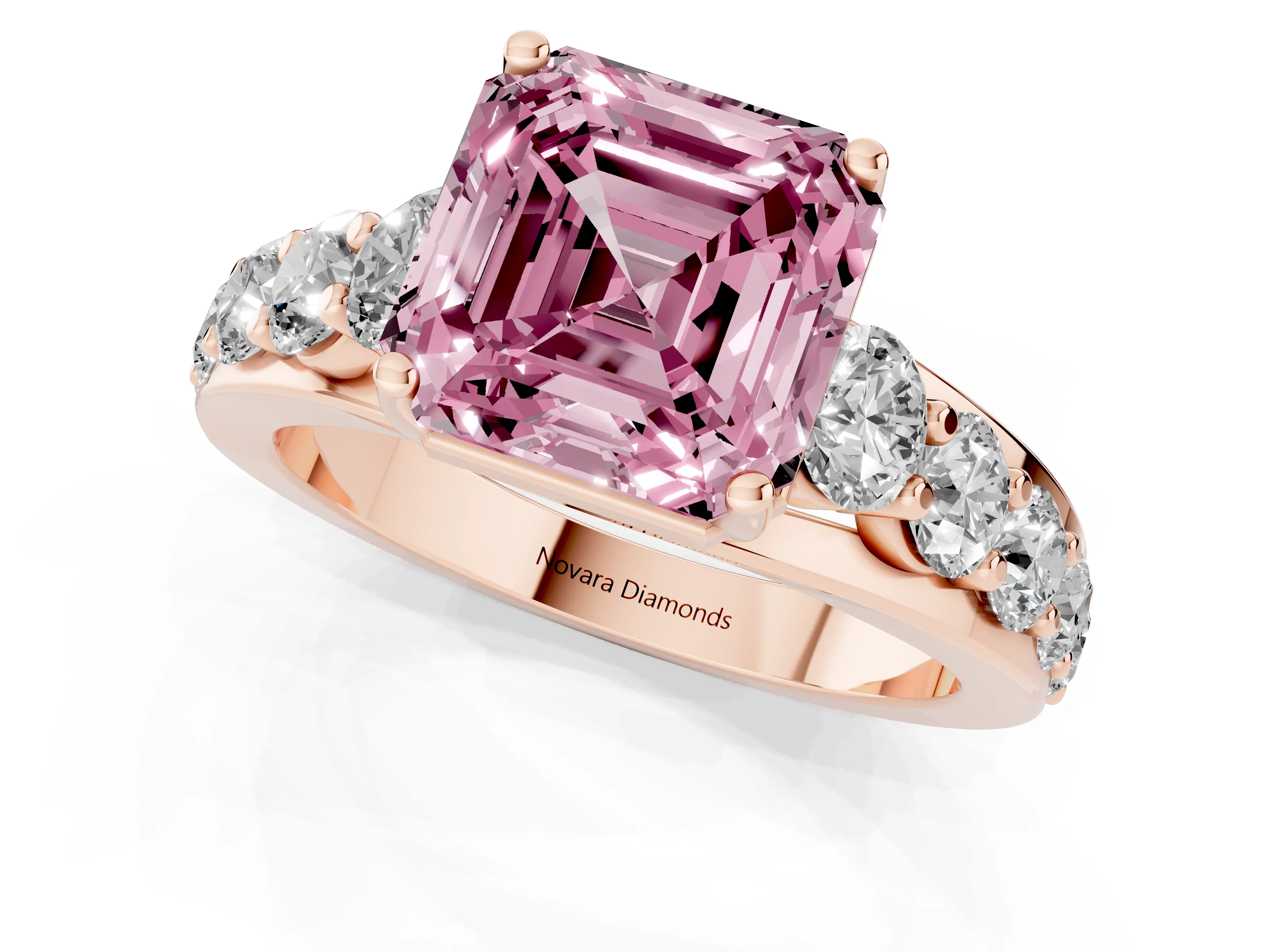 Fancy Pink Asscher Cut Diamond Pavé Engagement Ring Set in Rose gold with Prong Setting