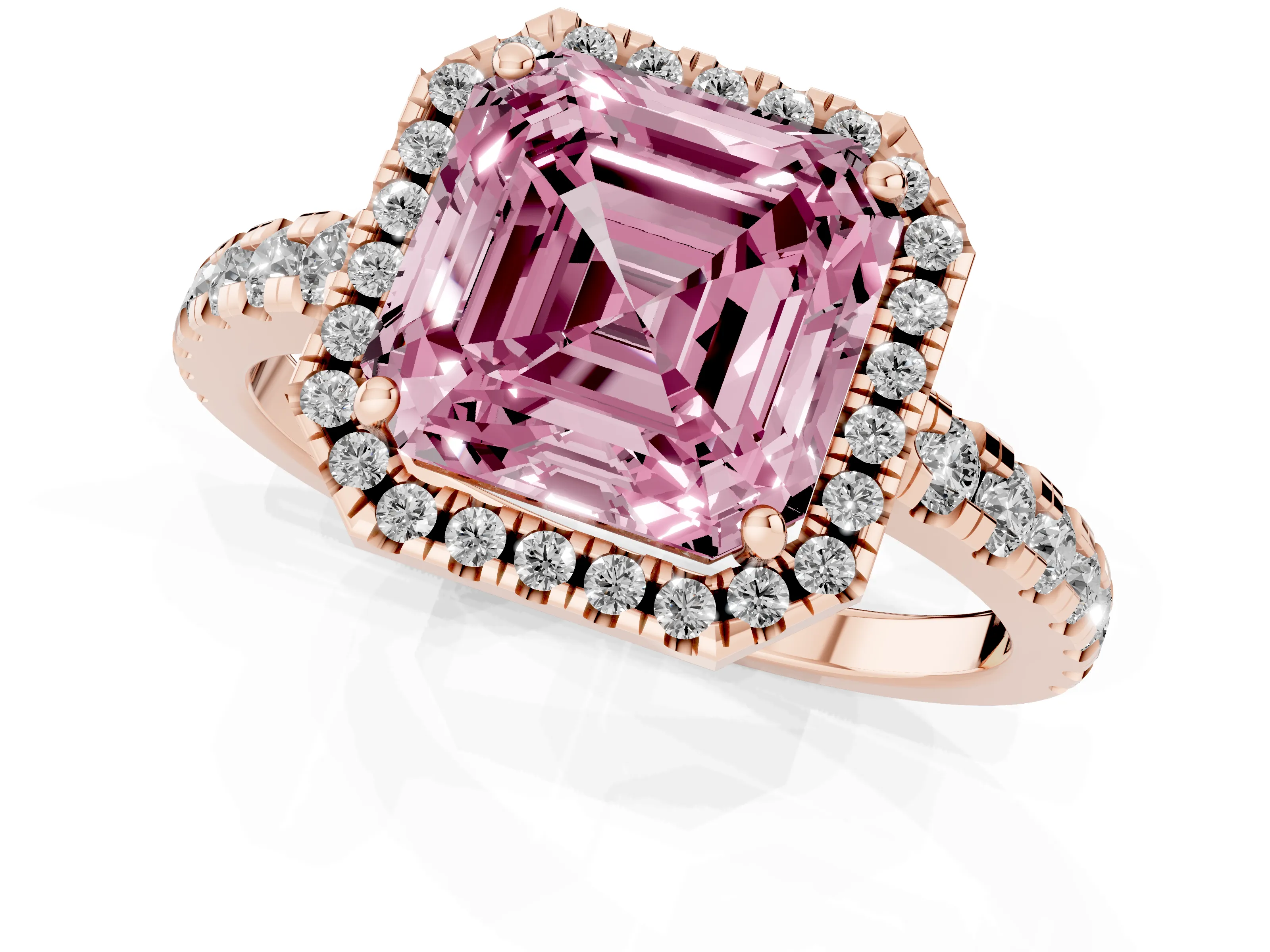 Fancy Pink Asscher Cut Diamond Halo Ring Set in Rose gold with Delicate Pavé Band and Prong Setting