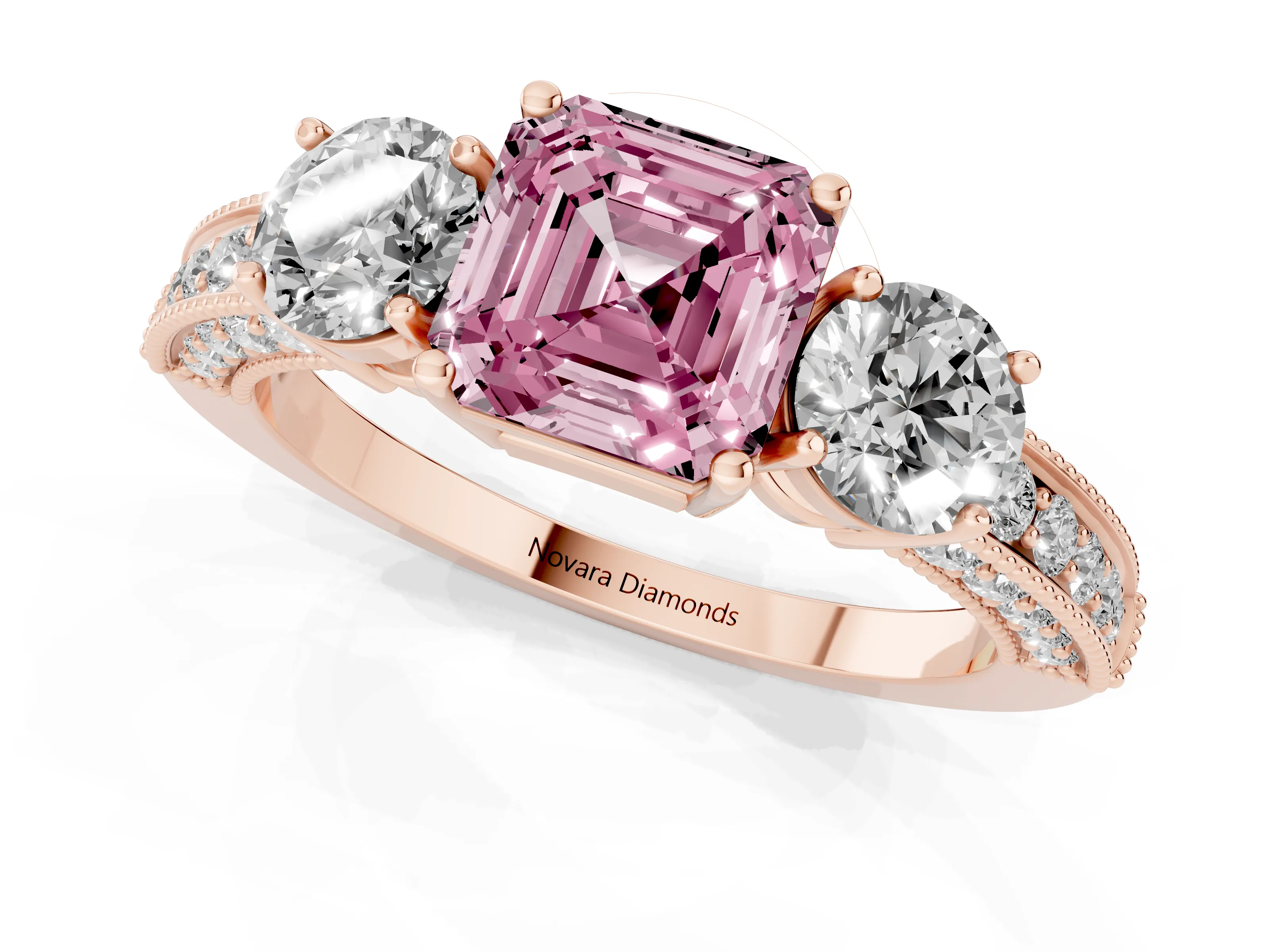 Fancy Pink Asscher Cut Diamond Three-Stone Ring Set in Rose gold with Round Side Stones and Pavé Band