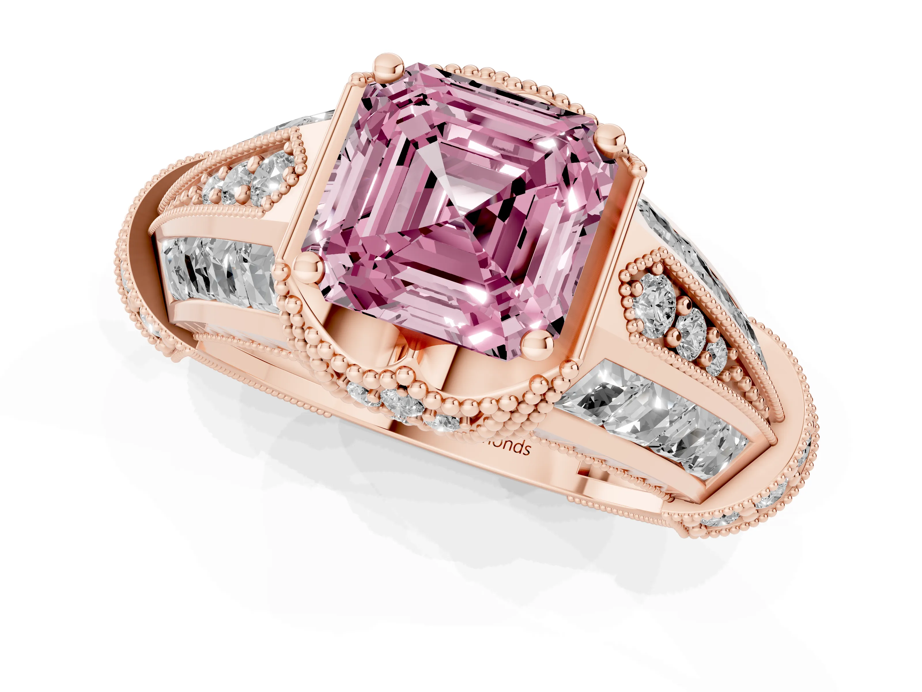 Fancy Pink Asscher Cut Diamond Vintage-Inspired Milgrain Ring Set in Rose gold with Accent Split Shank